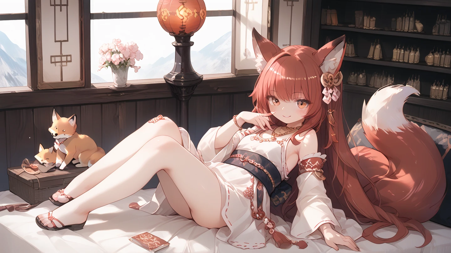 masterpiece, high resolution, high quality, NSFW, pink kimono, big, cat ears, floral pattern, closed eyes, red hair, long hair