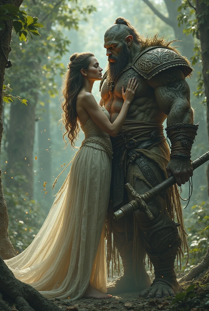 Make Conan stand on a hill with a woman hugging his leg