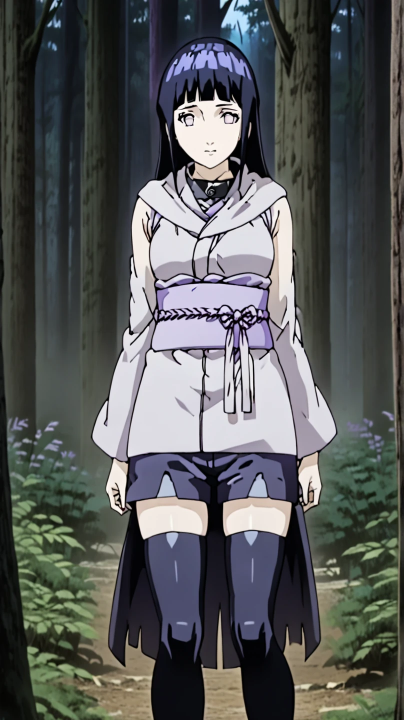Demon slayer screencap of a female with White skin, red eyes with black, short black and white hair. The setting is dark, a dark forest. She is no wearing a kimono, her hunter uniform has an opening in the stomach and back with markings. She is using a long lance, she has bandages on her legs, arms and neck and injuries on her face. Ufotable studios season 4 screencap.