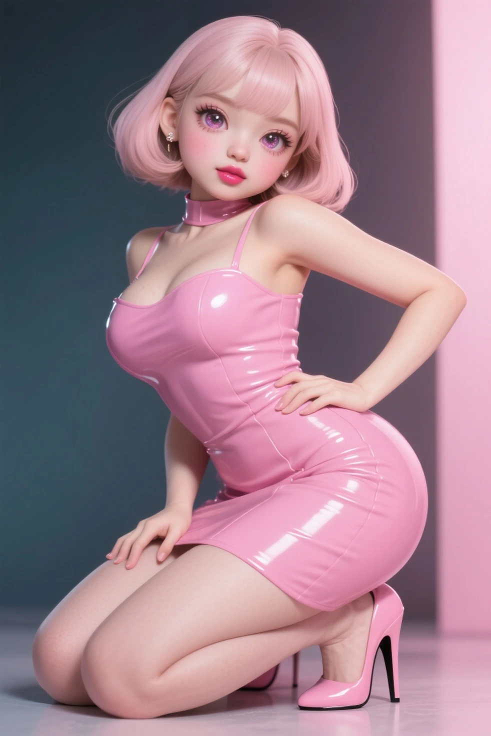 1 girl (30yo) , upper body, slim waist, small breast, sexy pose, naugthy face, bangs, random hairstyle, cleavage,, , seductive smile, wear wet pink dress, gray background,full body shot