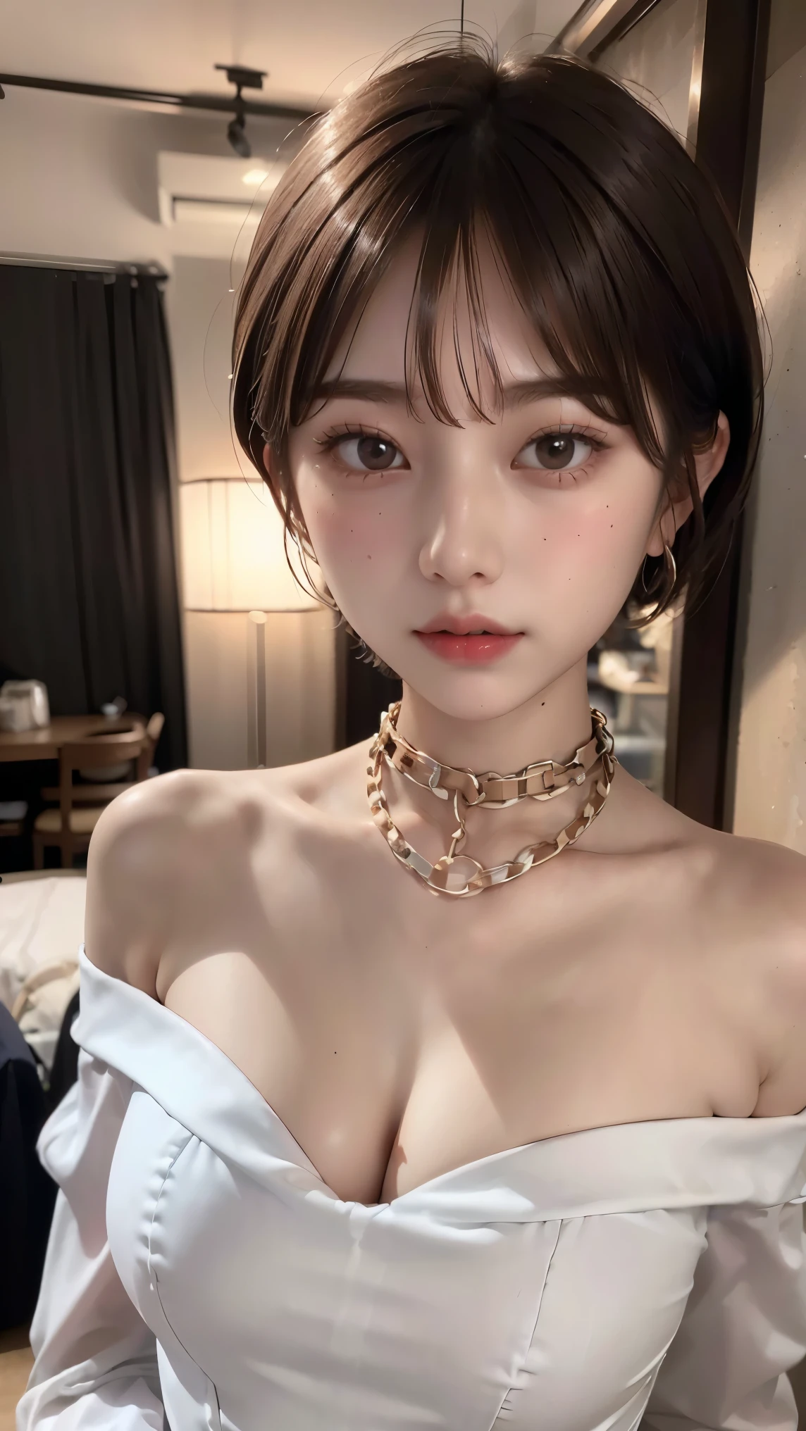 ​masterpiece、top-quality、Raw photo、Photorealsitic、hugetits、face lights、shinny skin、hight resolution、super detailing、Black Choker、Brown hair、Medium Hair、Bowling