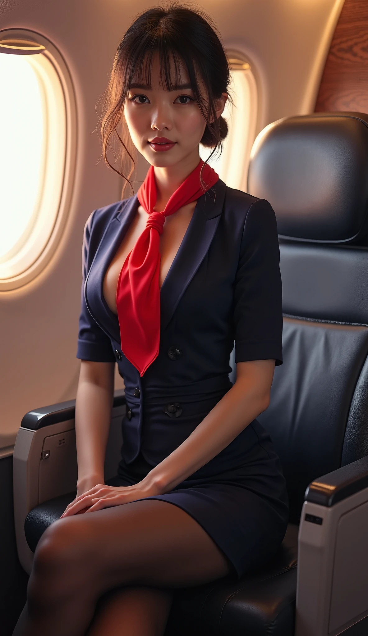 masterpiece, high-detail, the most erotic airline stewardess in the world, legs, (UHD, 8K wallpaper, High resolution), Cinematic lighting, physically-based rendering, award-winning, extremely detailed skin, extra detailed face, high detail eyes, Carl Zeiss 85 mm F/1.4, by Ellen von Unwerth