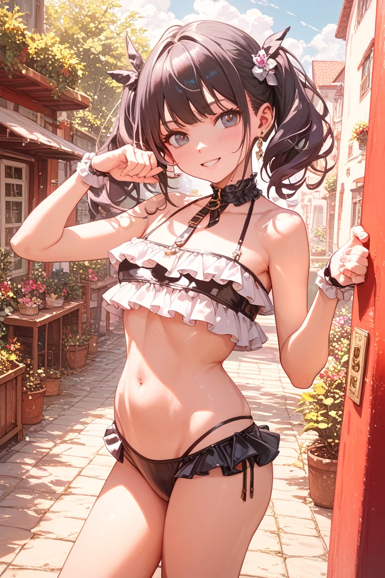 Perfect human body modeling, 1girl, small breasts, beautiful girl, cute girl and idol face, young face, smile, Beautiful long pink hair, twintails, Beautiful shining red eyes, white skin, Short body, Hot summer sun, Bikini with black cow print,