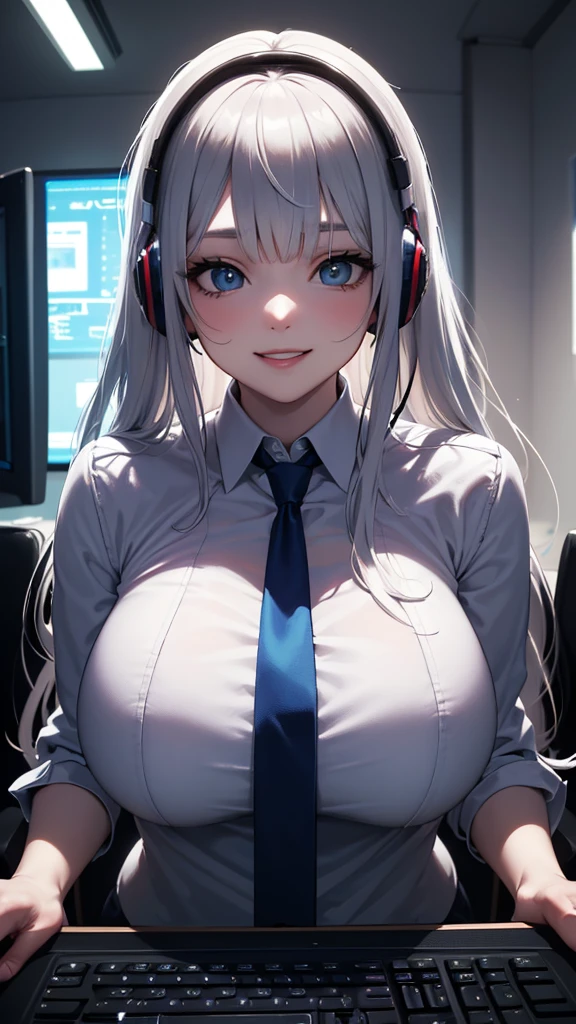 ((exceptional quality)), ((masterpiece)), (detailed), perfect face, perfect eyes, expressive eyes, long wavy white hair, white cat ears, gigantic breasts, thick thighs, red eyes, bratty, lips parted slightly, lips curled into a smirk, heart earrings, red lipstick, bowtie around collar, short sleeve button up crop top tied in knot at the front, cleavage visible, pink short tulle skirt, sitting in a chair, legs spread, panties partly visible, headphones on head, phone in hand