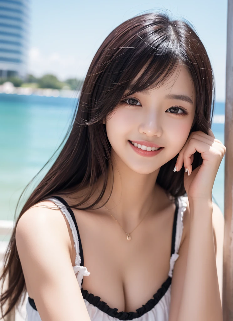 (in 8K、 Raw photography、top-quality,、hight resolution),、(hyper realisitic)、(realisitic),、Soft light、、girl with、Lifelike face、Realistic body、real looking skin、absurderes、masterpiece、Cuties、独奏、Innocent eyes、blusher、Cinema Lights、cherry colored lips、The hair 、a closeup、looking at viewert、 Open lips,、Upper teeth,、(Smiling eyes:0.6)、eyes focus、professionally lit、CG Social Trends、Plastic En、((Black Long Hair))、((Beautuful Women))、(A smile)、Fashionable、(A sexy)、Hair that flutters in the wind、((Flowing hair))、Happy -、fashion magazine、((lighting like a movie))、the woods、((blue-sky))、((playing in the water))、Glitter、