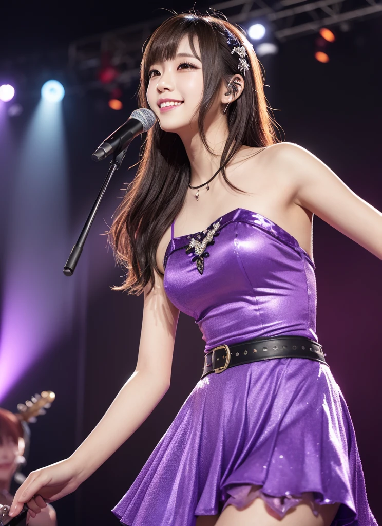 (Best Quality:1.4), (8K), 32K, (nffsw), (masutepiece:1.3), Photos of pretty women in Japan, (Photorealistic), (Raw photography), (1girl in), (The ultra -The high-definition), (Detailed face), Perfect face, (detailed hairs), Beautiful hair, Bangs, layers-Cut, (Symmetrical eyes:1.3), (Detailed eyes), (Detailed skin), Realistic skin, The ultra -The high-definition目, (medium breasts), (slim figure), (Supermodel Figures), Gentle smile, a Japanese young pretty girl, Gentle smile,
( Wearing a cute idol costume with frills:1.3, White costume ), earrings,
on a stage, take the mic, Full body shot, Wide Angle, Cinematic lighting