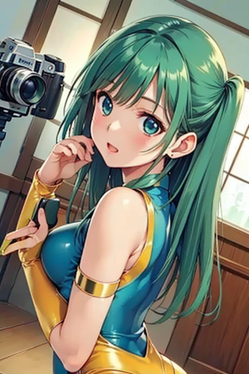 (Highest quality, 8k, 32K, masterpiece, Ultra-high resolution,:1.2),born, One girl,Super cute , Natural light,Clear, shining eyes, 20-year-old ,Fair skin, Green hair, Bold Swimsuit, Shiny Swimsuit, Stylish hairstyle, Bun Hair,Cat Pose, Sexy Swimsuit, announcer, news caster, News Studio, News Programs, Television camera