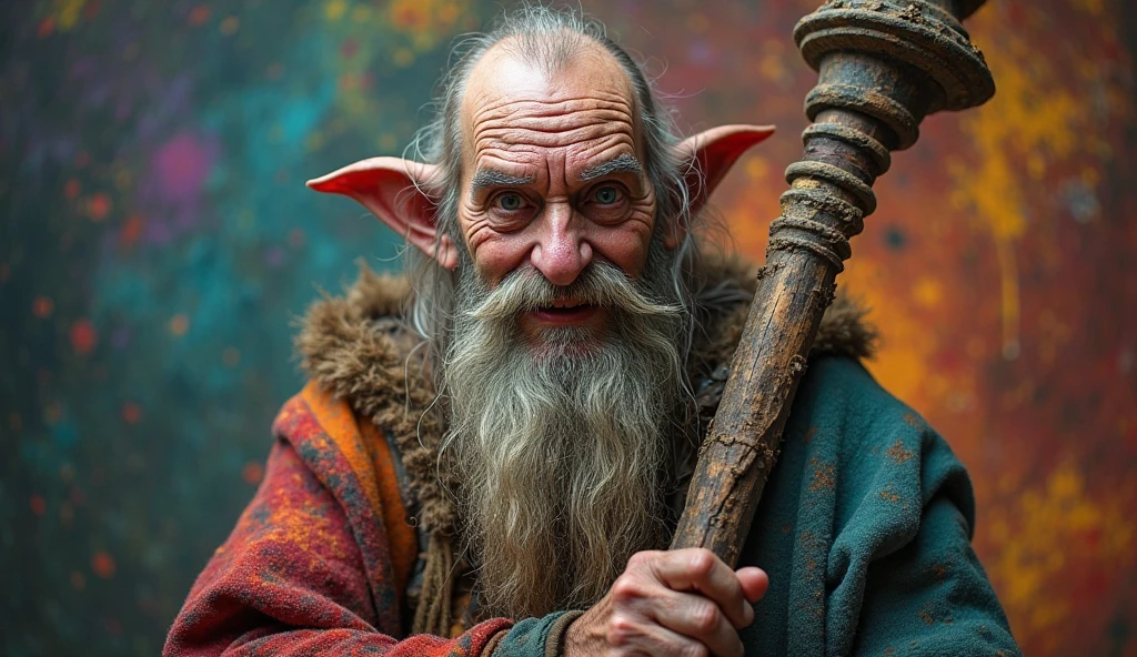 a realistic close up of a realistic small being holding a stick, wearing cave man clothes, a druid, hillbilly, gnome druid, druid, in a string hat, manbearpig, an oldman, one caveman is cowering in fear, old man, he has goat man legs, dwarf size, mischievous smile, pointed ears, in the woods
