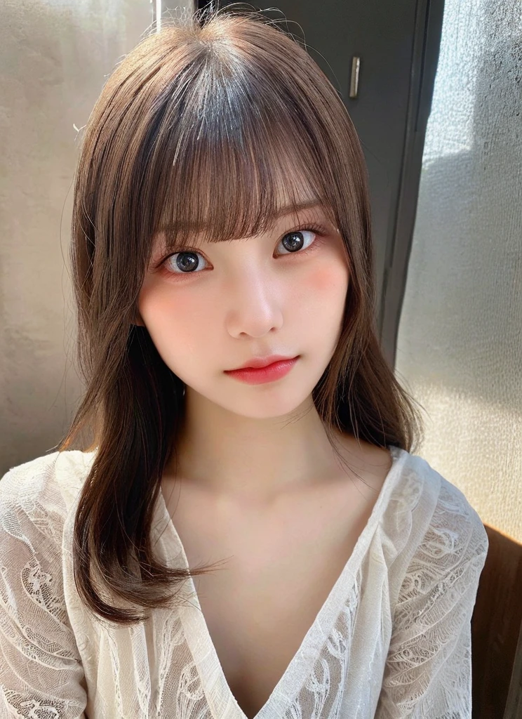 ((top-quality、8K、​masterpiece:1.3))、Detail Women:1.3、(Medium Hair、Colossal tits:1.3)、Camisole with a small area、Clothes that emphasize the chest very much、Clothes with open cleavage、Clothes that expose a lot of skin、lightly dressed、ultra -detail、the detail、eyelid、summer vacation、cafes、strawberry