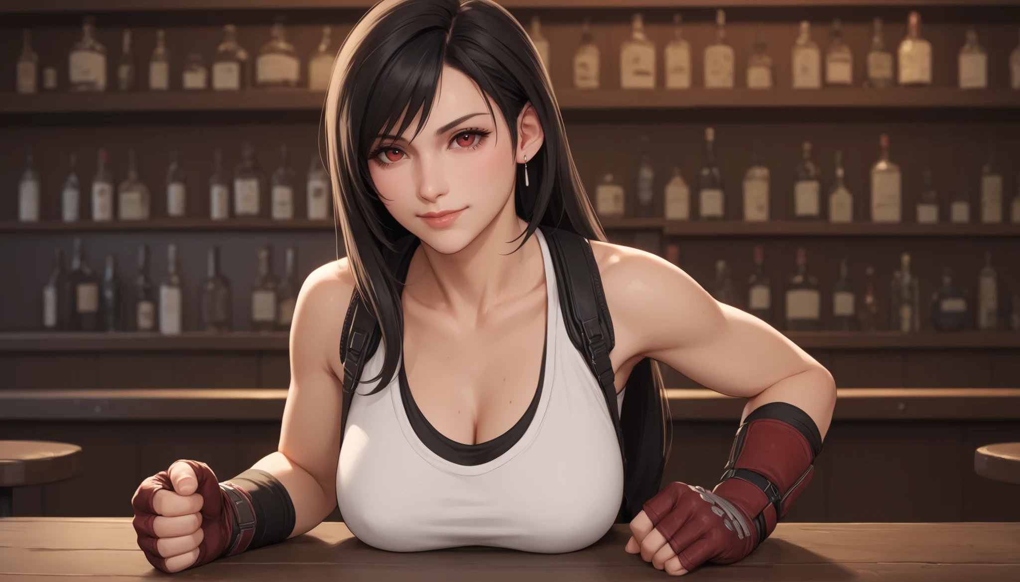 Best quality, Anatomically correct, Tifa Lockhart, Alone, Bar, Leaning on the bar, Looks joyfully at the viewer, closed mouth, She clenched her hands into fists, placed her hands on her hips, Upper body slightly tilted forward towards the viewer, front view, Große Brüste, (F70),