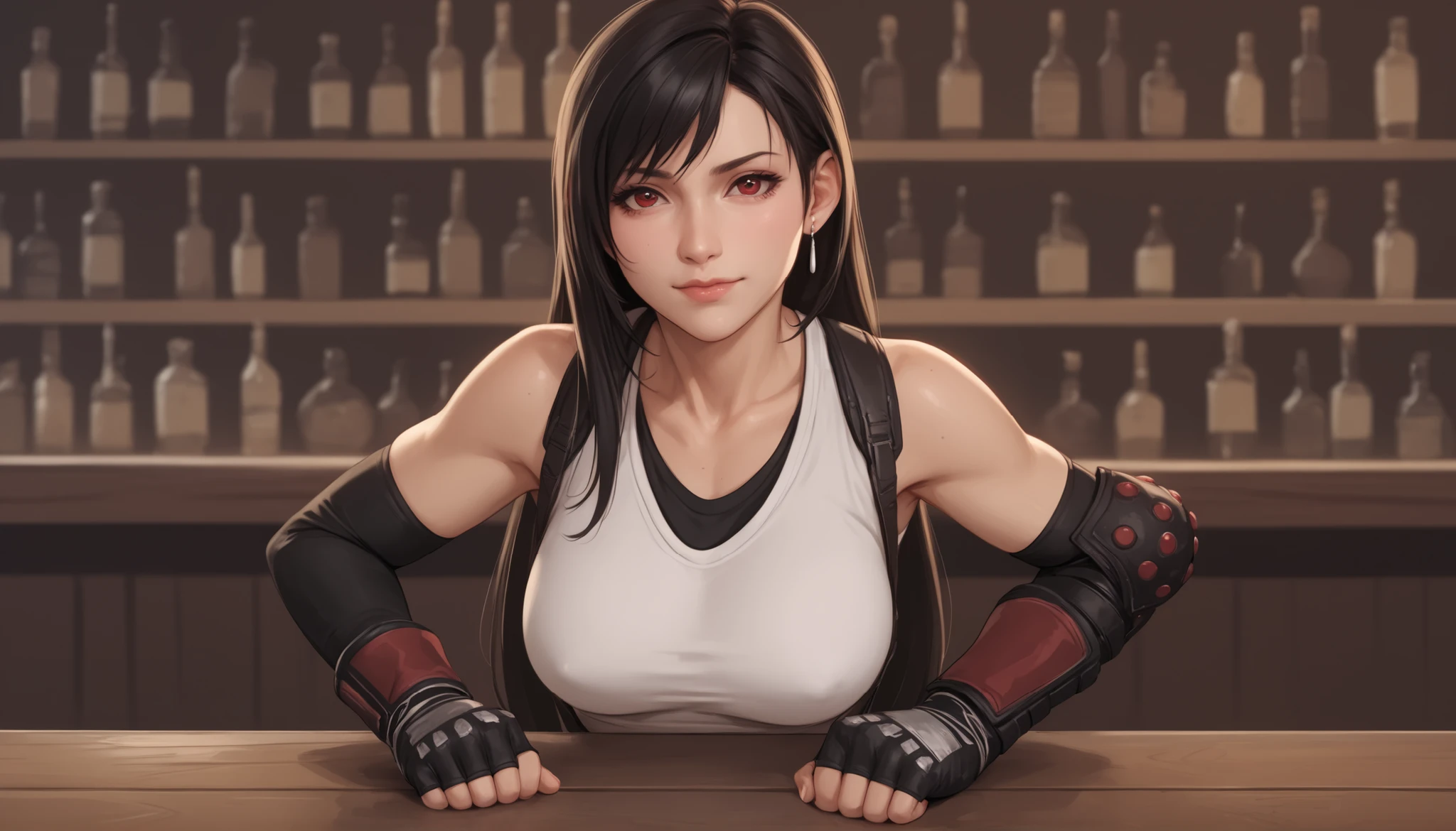 Best quality, Anatomically correct, Tifa Lockhart, Alone, Bar, Leaning on the bar, Looks joyfully at the viewer, closed mouth, She clenched her hands into fists, placed her hands on her hips, Upper body slightly tilted forward towards the viewer, front view, Große Brüste, (F70),