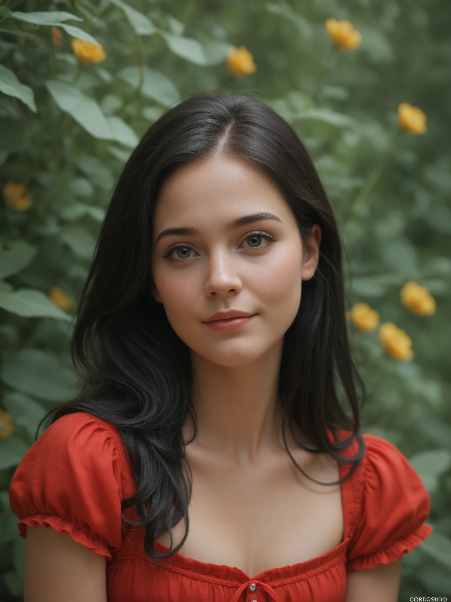 Brazos a los lados, retrato, Closeup, Looking at camera, La mejor calidad, Parte superior del cuerpo, camisa, Mujer en el bosque, EricaCampbell, nikon d850 film stock photograph 4 kodak 400 camera f1.6 lens rich colors hyper realistic lifelike texture natural lighting trending on artstation cinestill 800, (Lente de 100 mm), Cabello largo, red glossy lips, dark long hair, blue/green eyes, green dress