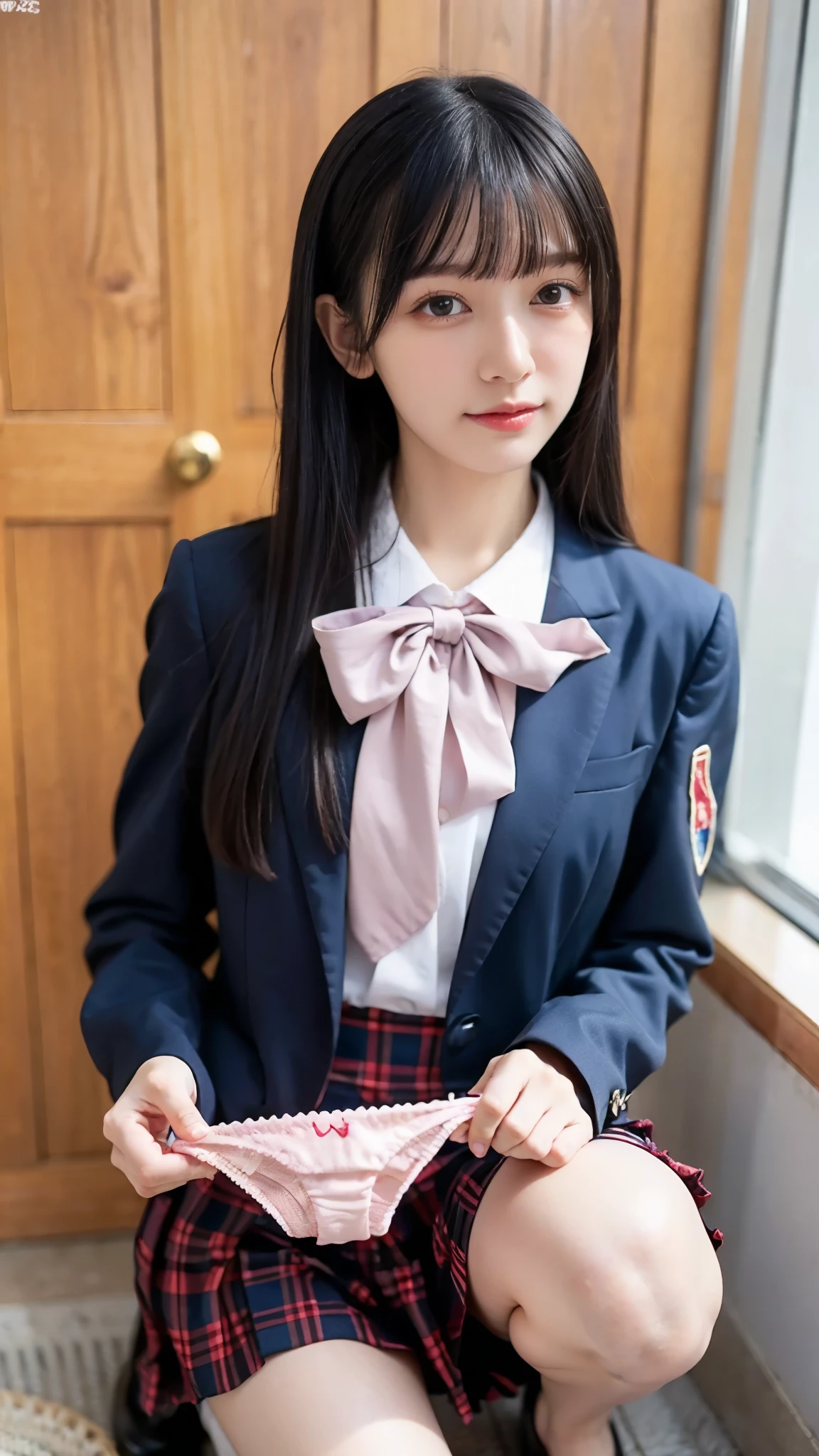 very detailed, 8K resolution RAW color photo showing a bra、Japanese high school girls、black hair, 、 black hairの日本の女子高生の非常に大きな, round, beautiful bust from side to right. she is exquisite , beautiful girl with detailed facial features , nose, lick your lips , I took off my underwear . the girl is wearing a very short plaid school uniform skirt and blazer, Sparkly Makeup is big, naturally colored lips without getting wet. viewer, she's kneeling 、squats、The scene is a classroom ., That photo is a masterpiece , very well detailed, realistic happy, Highest Quality, (Holding panties, hold out panties :1.3) simple unadorned pastel pink panties , Stay focused, (looks at the viewer:1.2, shame:1.5)