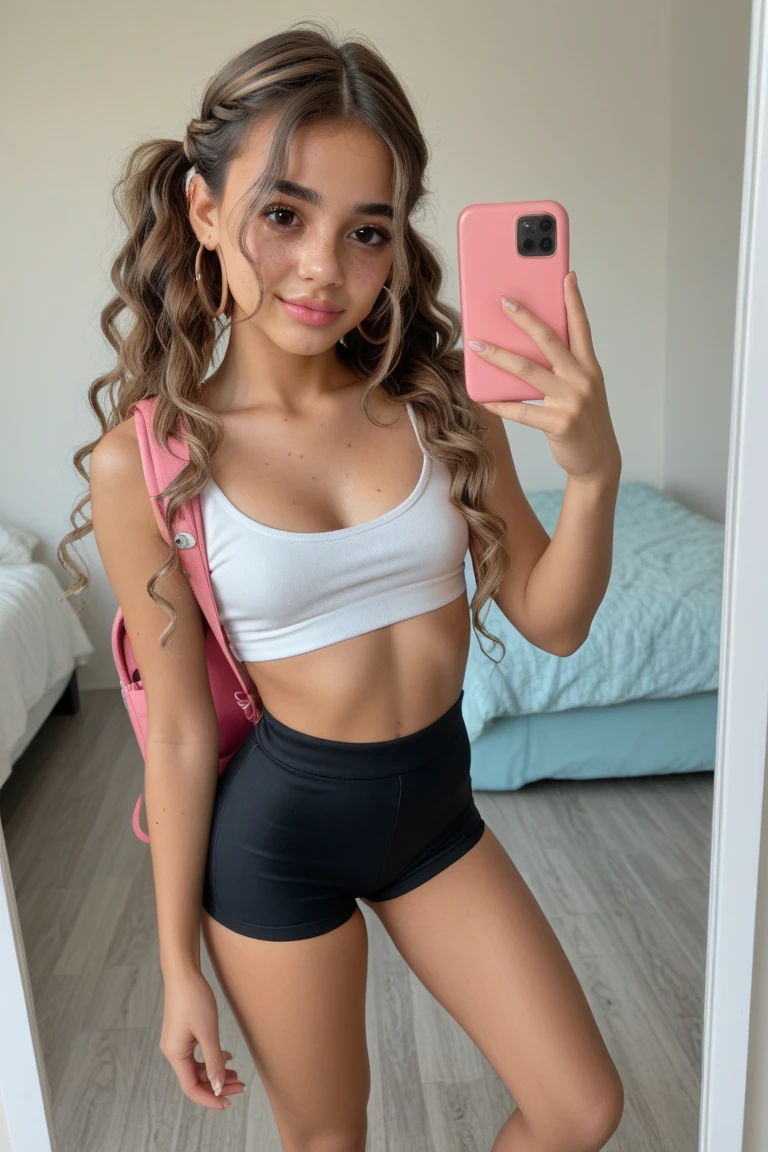 girl, slim body, , tanned skin, brown hair, brown eyes, mirror selfie, in bathroom, crop top and shorts