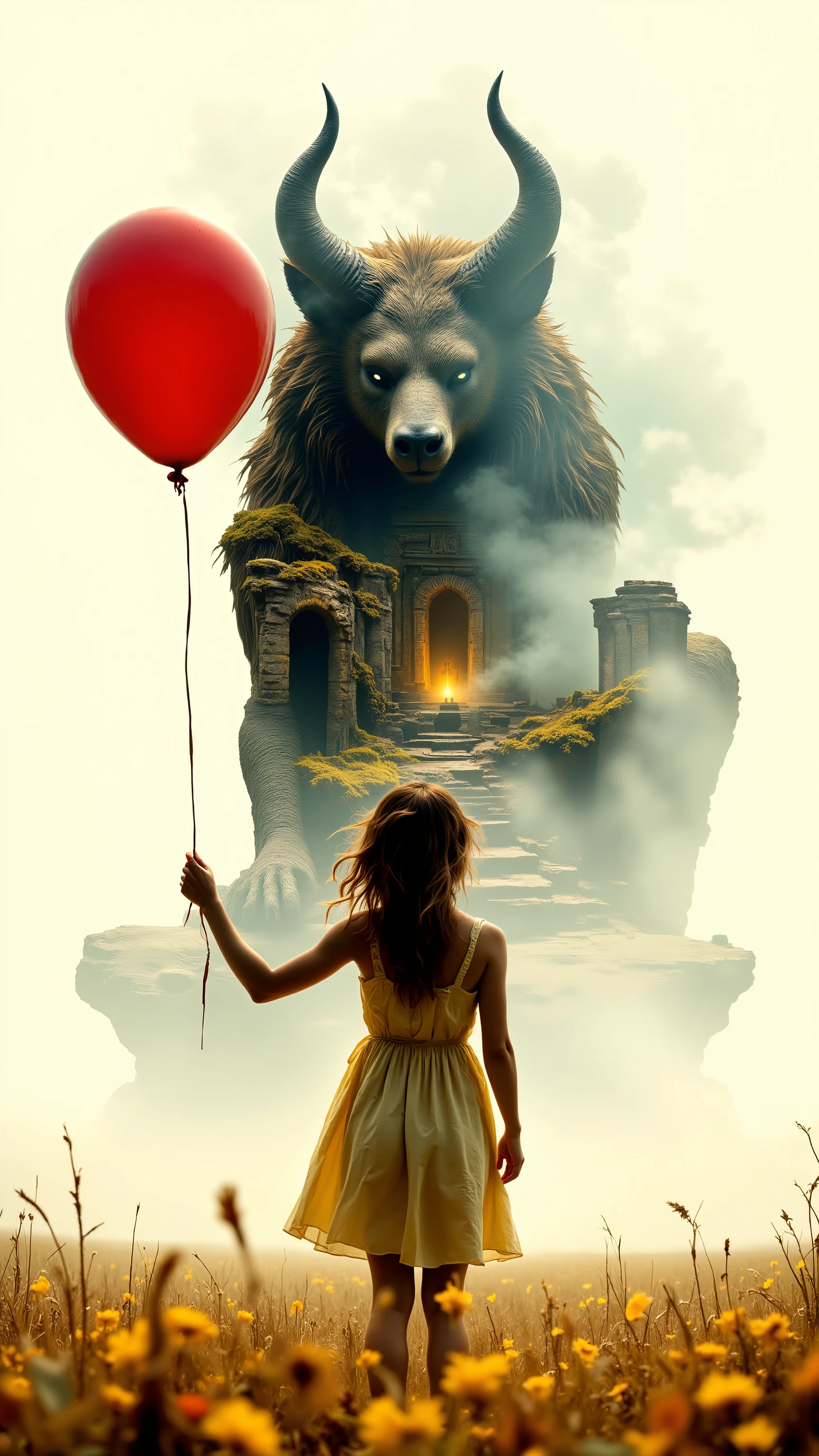 complex double exposure High-quality. hyperreal cinematic photoart, surreal contrast, award-winning style. Silhouette of young girl holding red balloon contains interior landscape. Girl stands in profile at center of frame, wearing light yellow dress, hair tousled by wind, balloon slightly tilted, posture relaxed. Warm diffused light surrounds her, open field and soft bright background. Inside her silhouette — ancient ruined temple landscape, with massive moss-covered statue sleeping on ground, part beast, part forgotten god. Eyes closed, faint amber light glowing from within. Time appears frozen inside. Outer colors: pastel cream, pale yellow, peach, soft blue. Inner colors: ochre, dusty gray, dull bronze, amber light. soft DOF, volumetric fog, muted sunlight, surreal structure, dual narrative, 8K, ultra-detailed, inspired by Ash Thorp, Max Sauco, Joanie Lemercier.