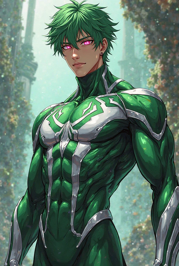 (masterpiece, best quality:1.2), cowboy shot, 独奏, male focus, 1boy, midoriya izuku, smile, looking at viewer, short green hair, green eyes, green bodysuit, gloves, Bodybuilder, extremely muscular, young woman, muscular legs , muscular arms, Muscular upper body, muscular abdominal muscles , muscular shoulders,