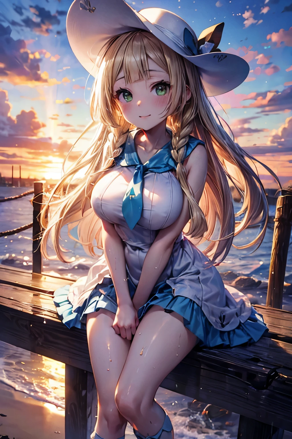 Highest Quality、Max Masterpiece、maximum detail、highest resolution、Hi-Res、8k、16k、sea、sea岸、beach、strand、Sunset、standing、lillie、24 years old、white hat(Lillie's hat)、white long dress、The appeal of adults is in full swing、slender huge breasts:1.5、Drooping Breasts:1.5、curvy、Tempting legs、up skirt、blue panties、 mekoji、on the steps、my whole body is soaked、smiles、blush、