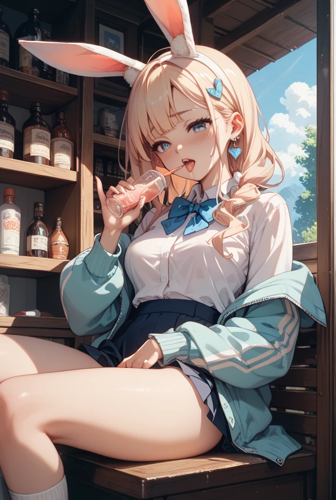 ManamiAizono, large breasts, green eyes,  blonde hair, gyaru, eating, popsicle, saliva, nature, sitting, bench, school uniform,   <lora:ManamiAizono_v2:0.8>, masterpiece, best quality