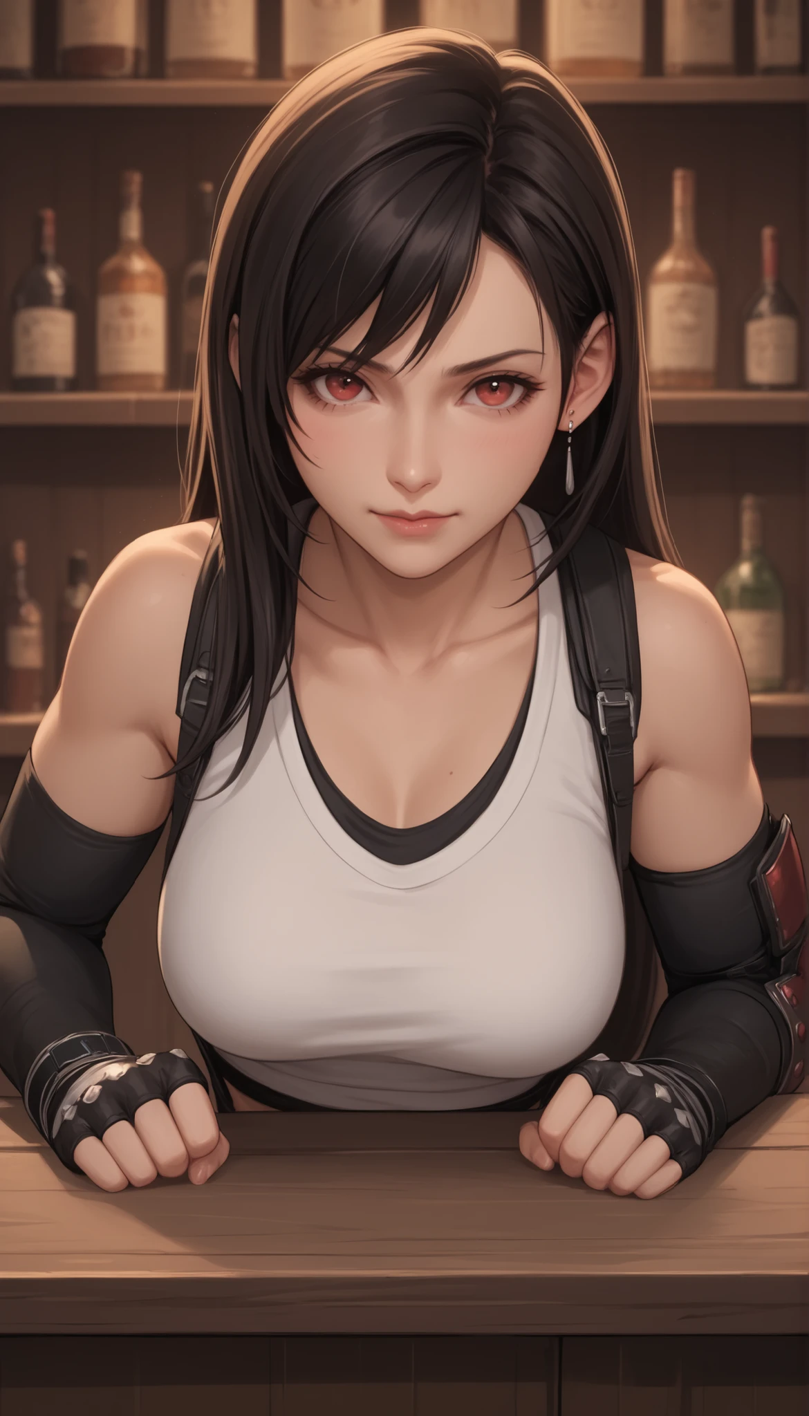 Best quality, Anatomically correct, Tifa Lockhart, Alone, Bar, Leaning on the bar, Looks joyfully at the viewer, closed mouth, She clenched her hands into fists, placed her hands on her hips, Upper body slightly tilted forward towards the viewer, front view, Große Brüste, (F70),