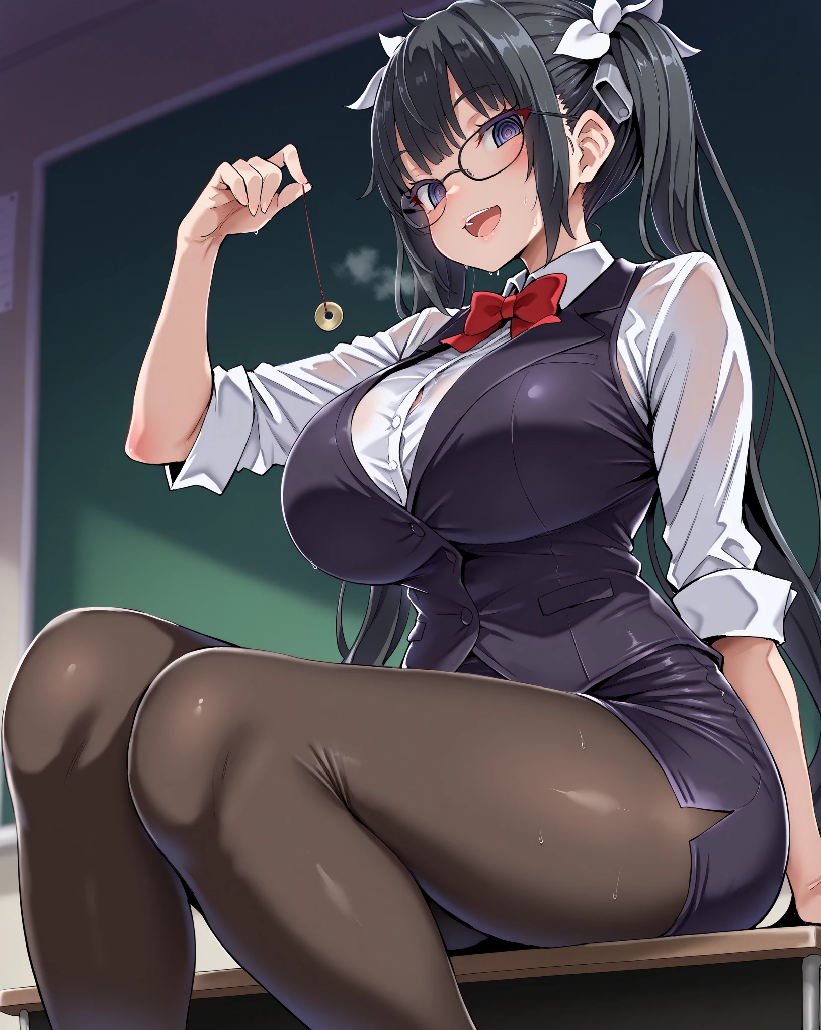 score_9, score_8_up, score_7_up, score_6_up, score_5_up, score_4_up, (source_anime), Delicate beautiful girl, spread legs, tactile hair, black hair, glasses, casino, big breasts, Bunny girl, brainwashed, hollow eyes, sweaty, cum in pussy(((NSFW)))((question mark))((lower body))
