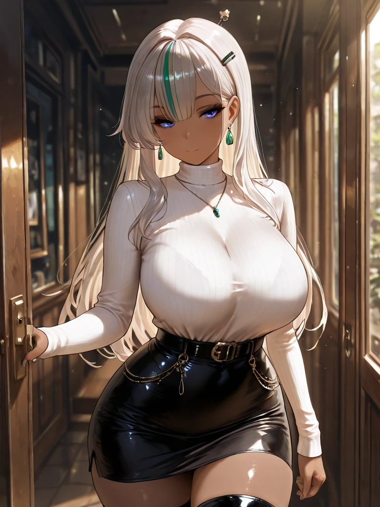 ((solo)), amazing masterpiece, top quality, high fashion, absurdres extremely, close up, HDR, intricate details, very cute face, vivid colors, commentary, curvy beauty body, flawless smooth skin, nebrisemployee, huge_breasts, dark_skin, blue_eyes, long hair, bangs, ivory hair, multicolored_hair, green_streaked_hair, black_hairpin, white turtleneck, long sleeves, black_belt, black_skirt, black_thigh_boots,
