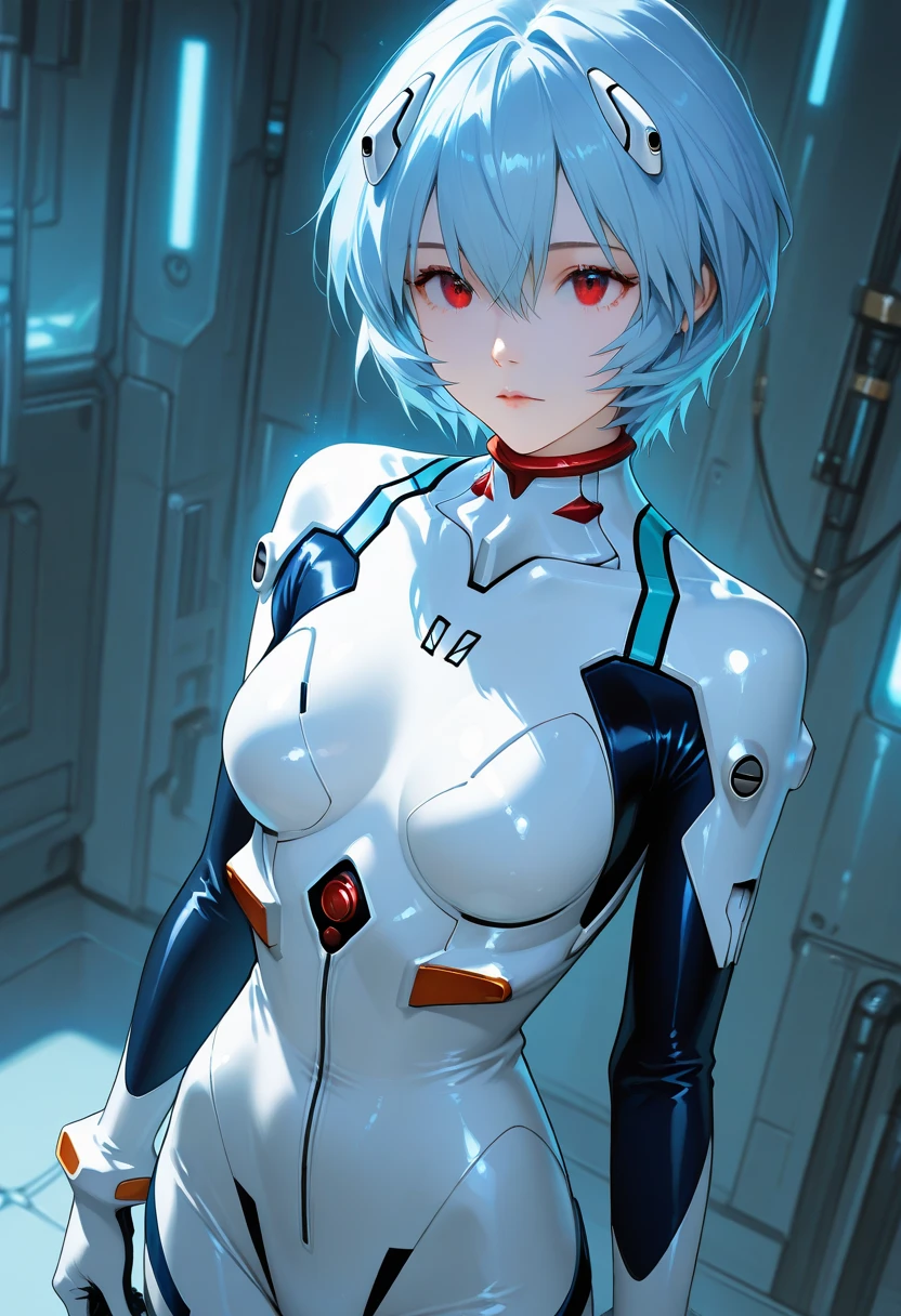 (best quality:1.2),1 girl,alone,permanent_,Ayanami Rei,white jumpsuit,Red eyes,pilot suit,short hair,blue hair,Bangs,interface headphone,turtleneck sweater,hair between eyes,Pixelated background,neon lights,sci-fi color scheme,bright colors,metallic feel,Detailed shadows,holographic interface,dark atmosphere,high contrast,sharp focus,strands of hair,Reflective surface,Exquisite details,high resolution,studio lighting,Red embellishment,lighting environment,Artificial Intelligence Assistant