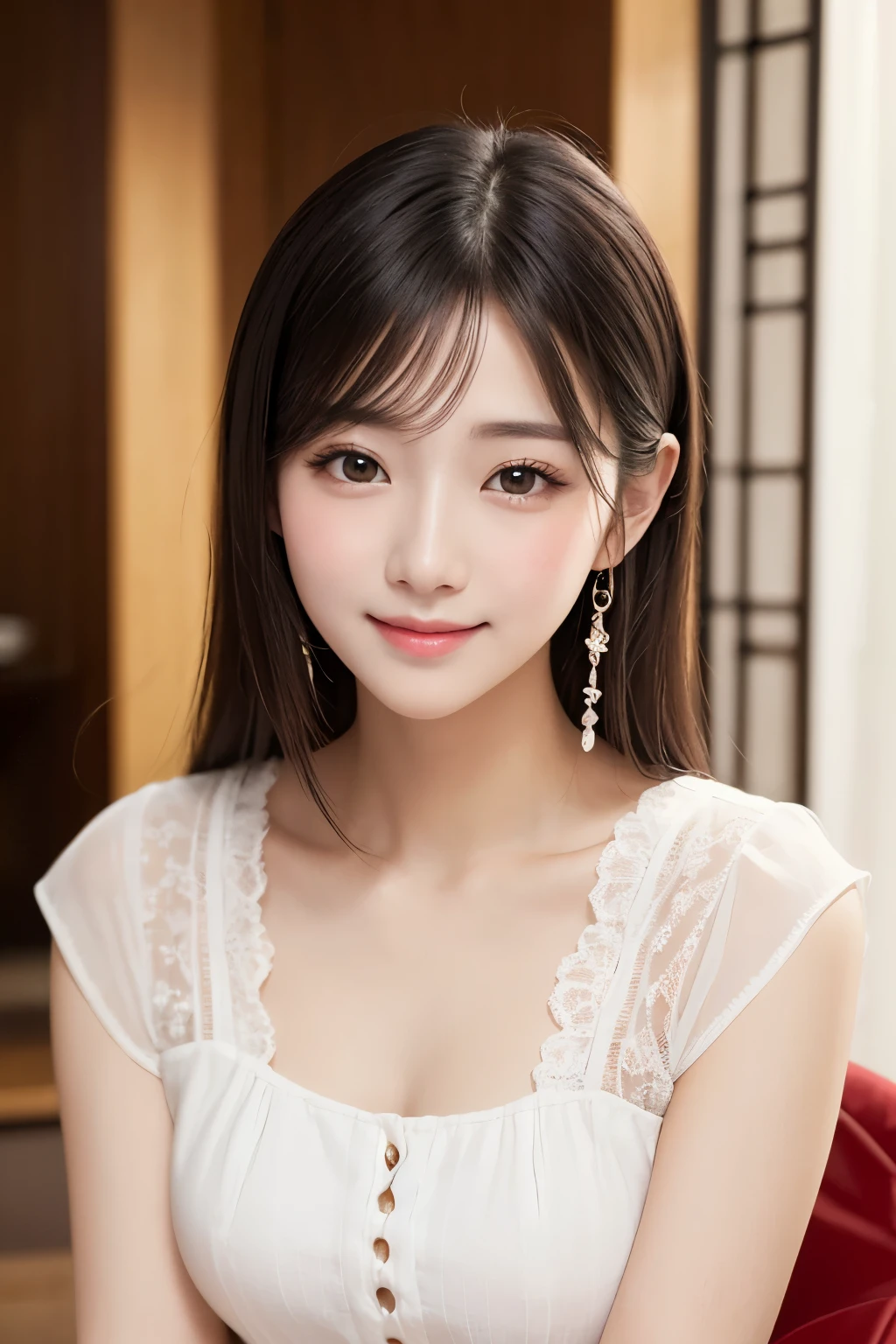 Top quality, 1 beautiful japanese woman、1 girl、upper body only、Korean style beauty、hairstyle is bob、I'm closing my mouth and smiling just a little、transparency、The whole body is facing the front、Plump up my tear bags、Plump lips、Gloss Gloss々、No hats or hair ornaments、 slightly baby-faced