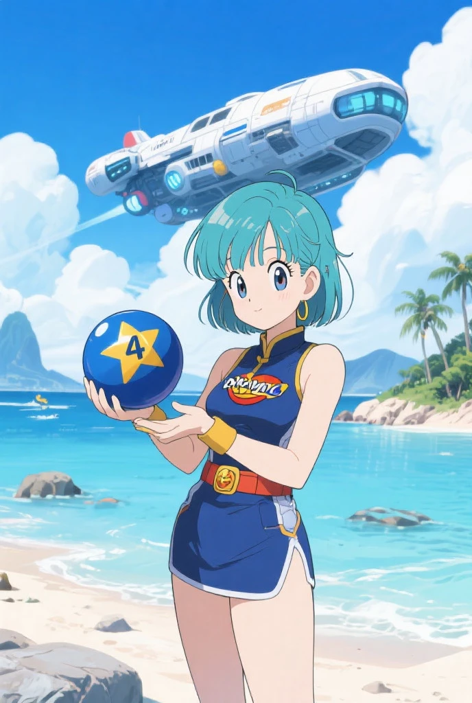 Bulma from Dragon Ball Z Holding a 4-star Dragon Ball on Master Kame's Island with a spaceship in the background.
