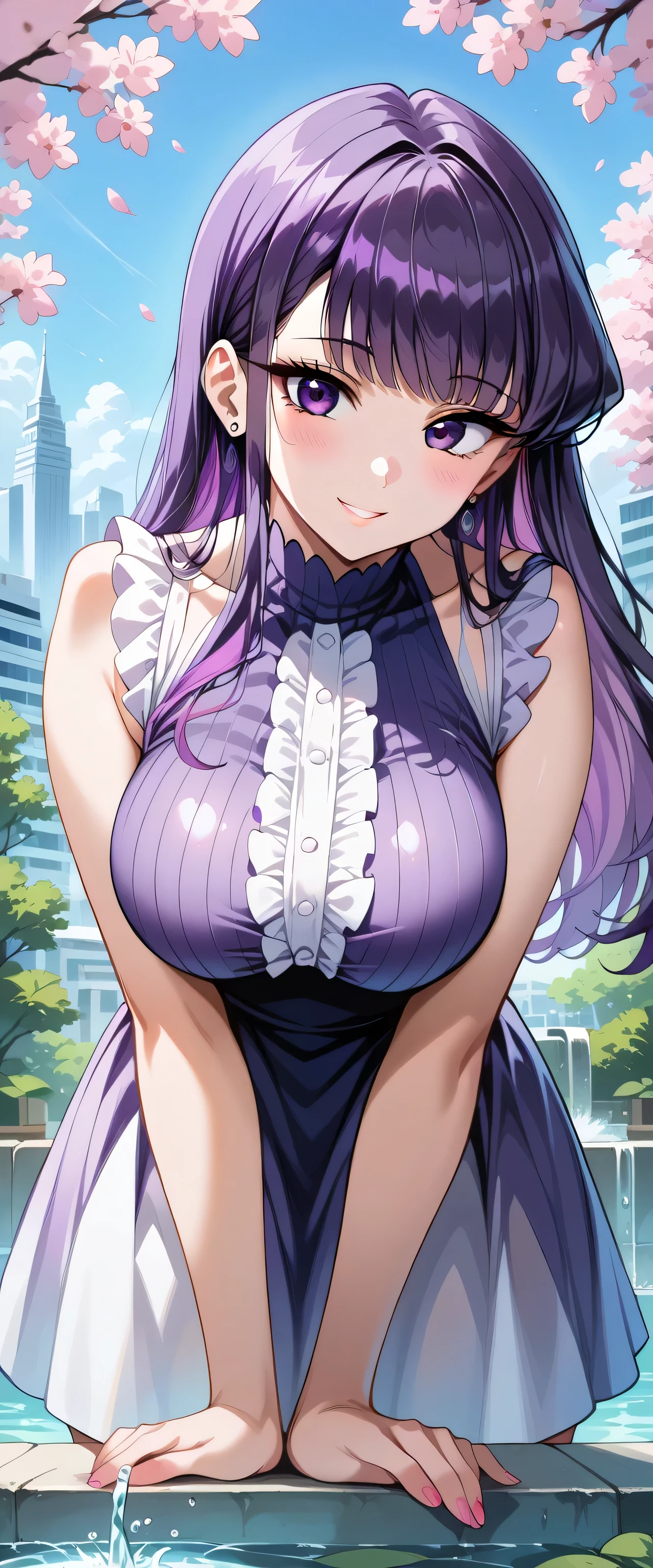 (masterpiece、top-quality、detaileds)、master piece、High resolution、ultra-detailliert、1 girl in、Bring out your forehead、Variety of hairstyles、Purple hair、blue eyess、独奏、Urban area in the background、Pretty eyes、The upper part of the body、facing front、Body Up、perspiring、huge smile、red blush、Clean fingers、Plain clothe、Dressing、Exposing the chest、teats、NSFW
