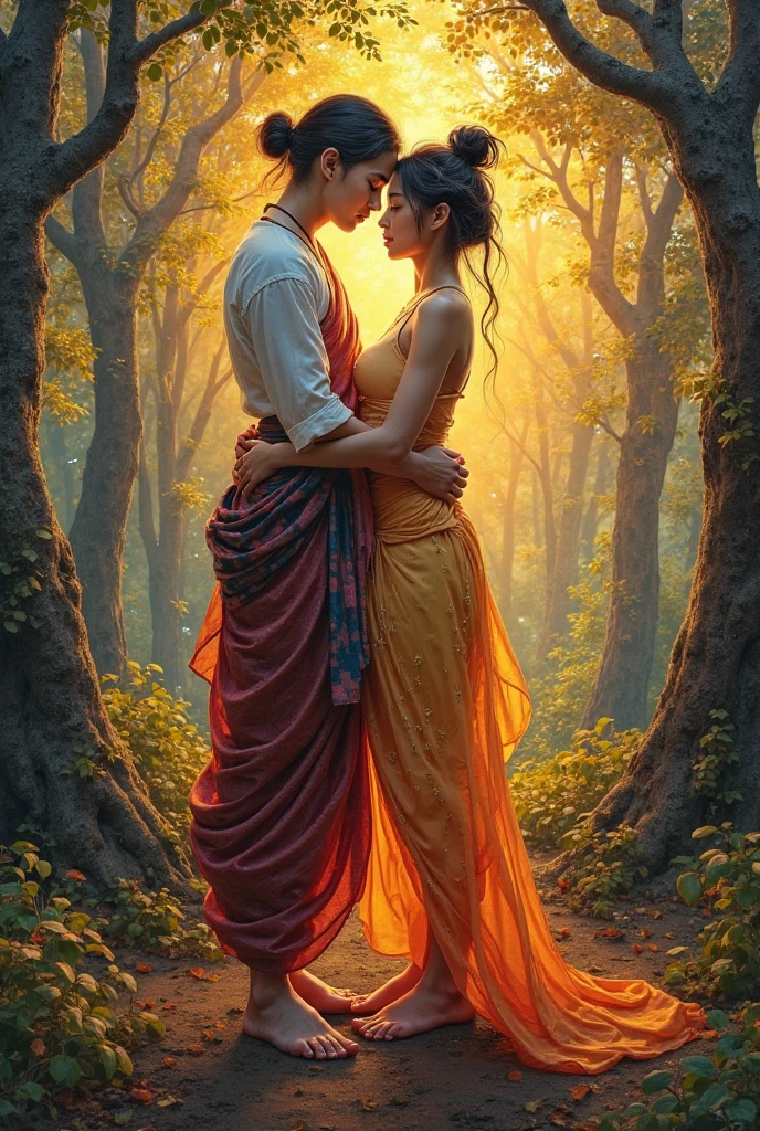 Radha Krishna romantic hot sex in a jungle at the dusk below a tree, over autumn leaves. Beside flowing blue water river