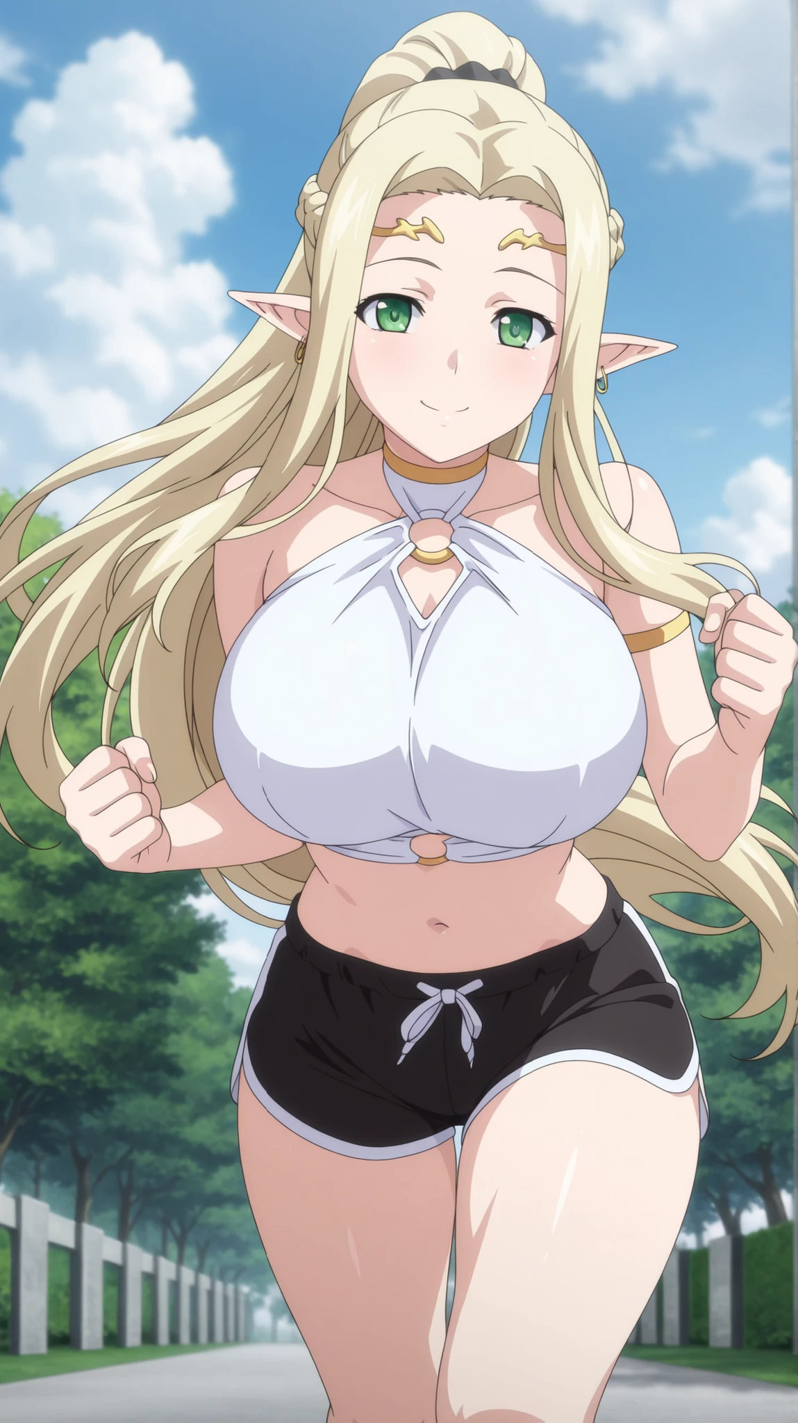 beige hair, green eyes, long hair, GIRL, (Masterpiece: 1.1), (Best Quality: 1.1), Upper Body Bikini, (White Bikini: 1.1), (Plaid Skirt: 1.1), High Waist Skirt, Blake [Green Grass: Pink, :0.5] Themed, (Urban Background: 1.1), Denim Lenses, Blake Silver, Long, Green Eye, Landscape,