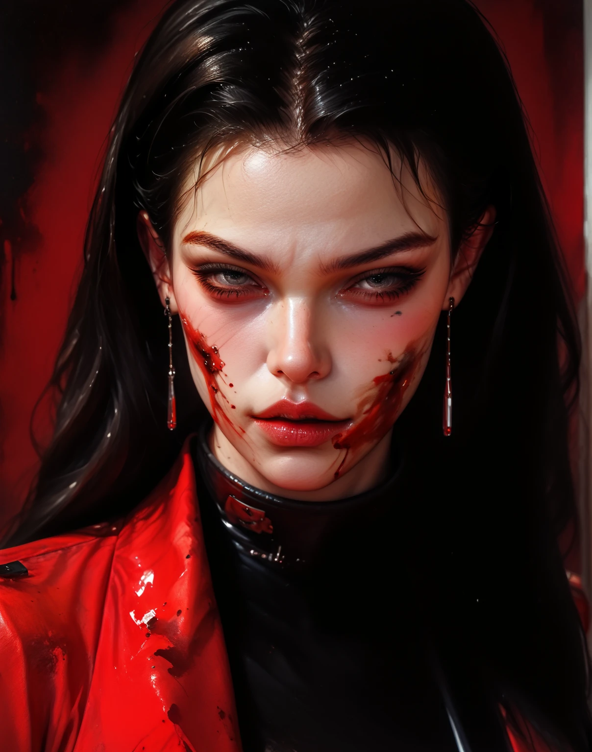The image is a digital illustration of a woman with red lips and red splattered background.