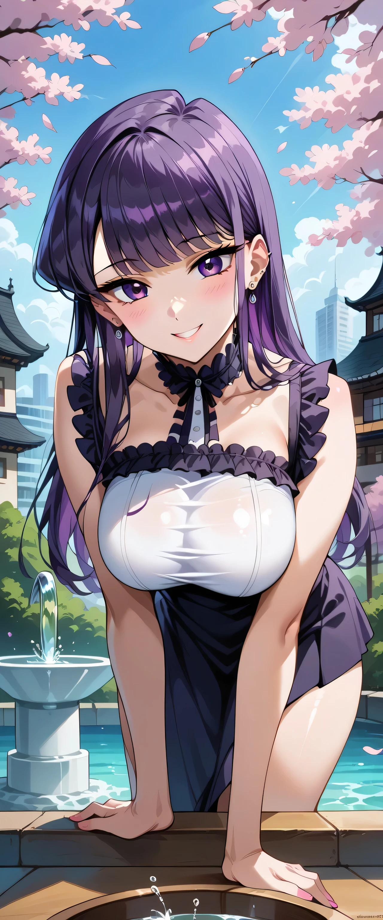 {{{{masterpiece}}}}, {{{super detailed}}}, {{{High resolution}}}, {{excellent anatomy}}, (((highest quality))), ((very delicate and beautiful)), {{very detailed and delicate}}, {8k cg wallpaper},((detailed background))One female、best style、beautiful woman、The most beautiful woman in the world、Purple flowers are blooming on the purple lake surface, soft purple glow, Purple light, (purple wisteria forest), wisteria season, art, shining purple, Purple petals are dancing everywhere、 The blossoming path to heaven, purple glow、Purple water、purple reflective water surface、purple light、(Sexy sheer dress:1.5),((big breasts))、show through、waterside and wisteria、Detailed design、beautiful design、sexy pose、Sheer skin、shape of nipple