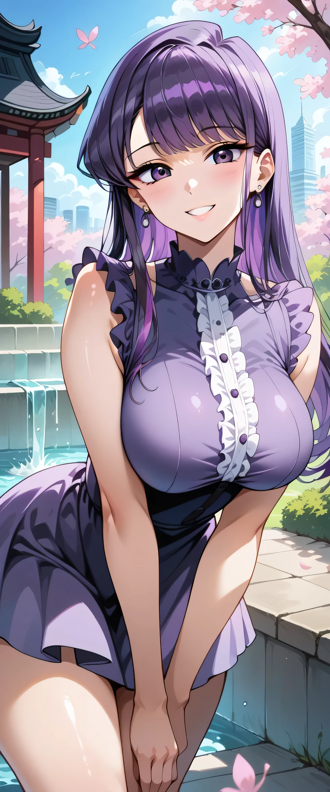anime、1 female、bottom angle、whole body、semi-long、shiny blue and purple hair、curly hair、black eye、dense lips、well-groomed face、black dresini skirt、beautiful breasts、cherry blossoms、cherry blossoms吹雪、Kyoto cityscape、garden、pool、night、full moon、masterpiece、ultra high resolution、delicate、16k、perfect lighting