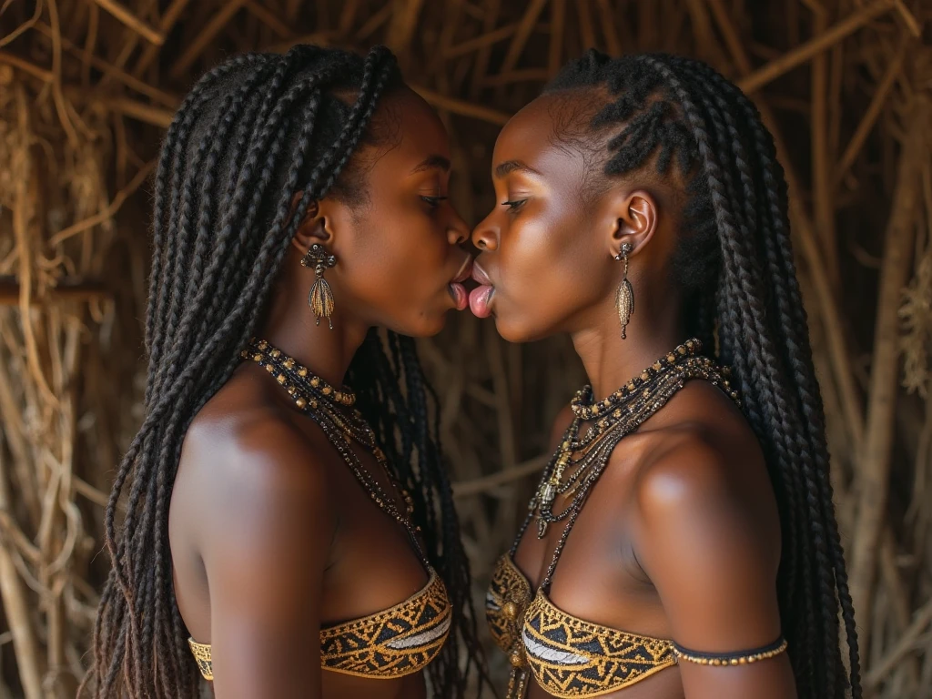  2 girl with really dark skin 
Really dark skin 
Green eyes 
Apache 
Warrior face paint
Long hair with African braids 
Bare breasts, only covered by necklaces
Wearing wolf fur as a skirt, showing her leg
Kissing 
no panties
no panties
barefoot 
barefoot 