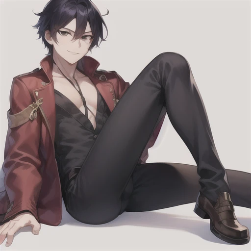 create a male anime character, 1.85 with a strong physical body and with a sword in the sheath, his clothes are just black pants and boots, he has crimson red eyes and black hair. (make a simple red background)
