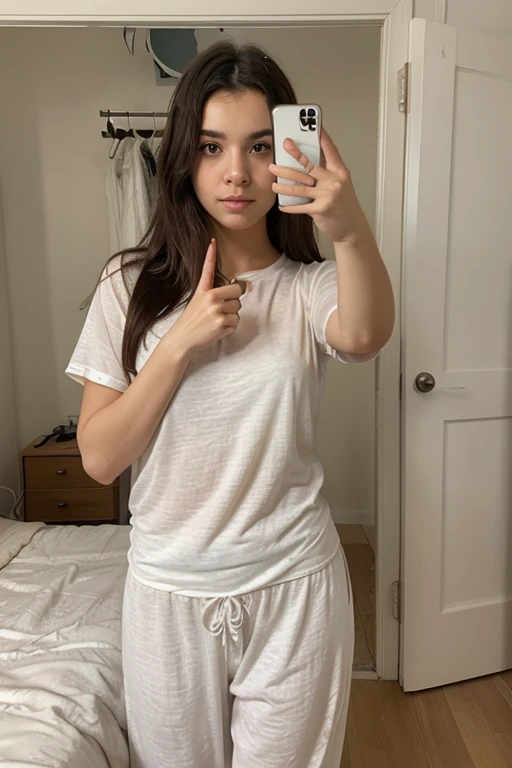 8k, highest quality, ultra details, hispanic girl, taking a picture in the mirror, surrounded by cozy blankets and snacks, doing something interesting.