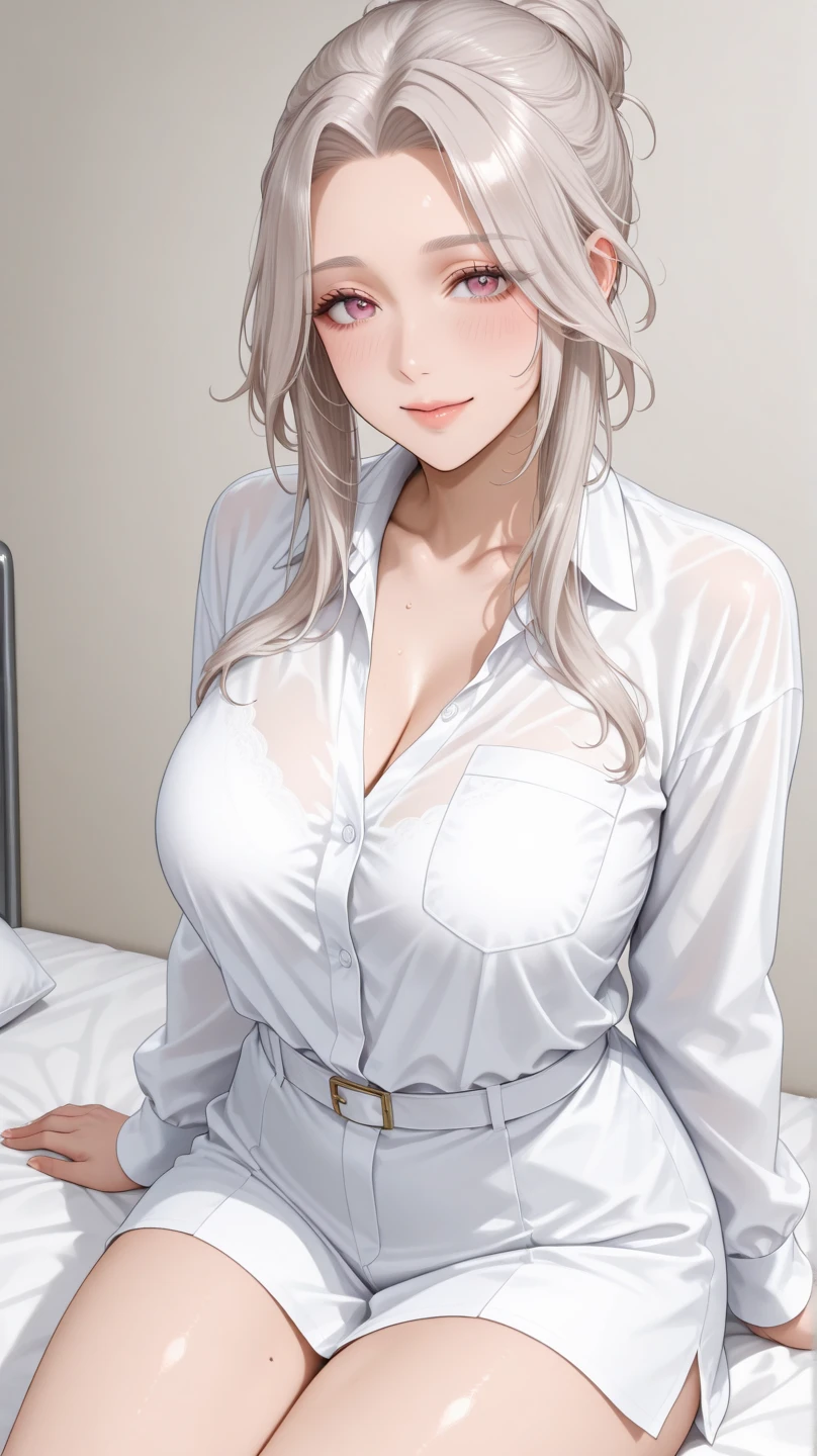 diona shin, sitting, portrait, red lips, nsfw, portrait, (masterpiece, best quality), solo, looking at viewer, fw.dona.shin, mature female, sexy, hot, white hair, diona shin, white background, white hair, milf, milf face, tease, detail face , large breast, portrait, cowboy shot, square lips, short hair, very short hair, white hair, earrings , smirk, chubby , milf, milf face, sexy, mini skirt, sitting, tub shirt, cleavage, half body