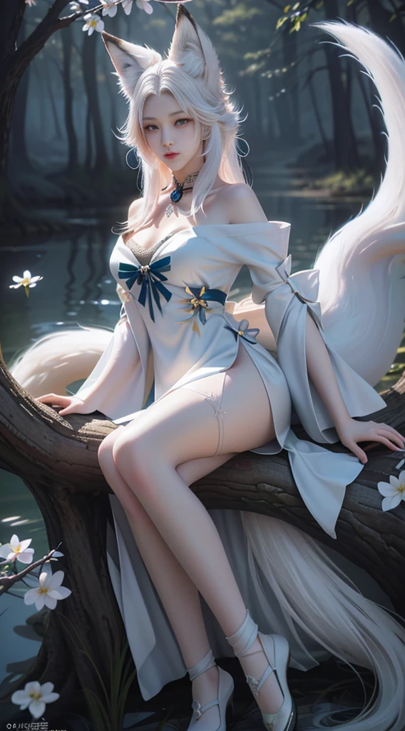 To, masterpiece, beautiful details, colorful, delicate details, delicate lips, complex details, real, ultra-realistic, a girl with white hair fox sitting on a branch: 1.1, big tits, sexy, seductive, ethereal fox, nine-tailed fox, fox three-tailed fox, Onmyoji detailed art, nine tails, beautiful artwork illustration, mythical creatures, foxes, beautiful digital artwork, exquisite digital illustration, mizutsune, inspired by mythical creatures wildnet, pixiv On digital art, bright light, high contrast, horror movie theme, dark atmosphere