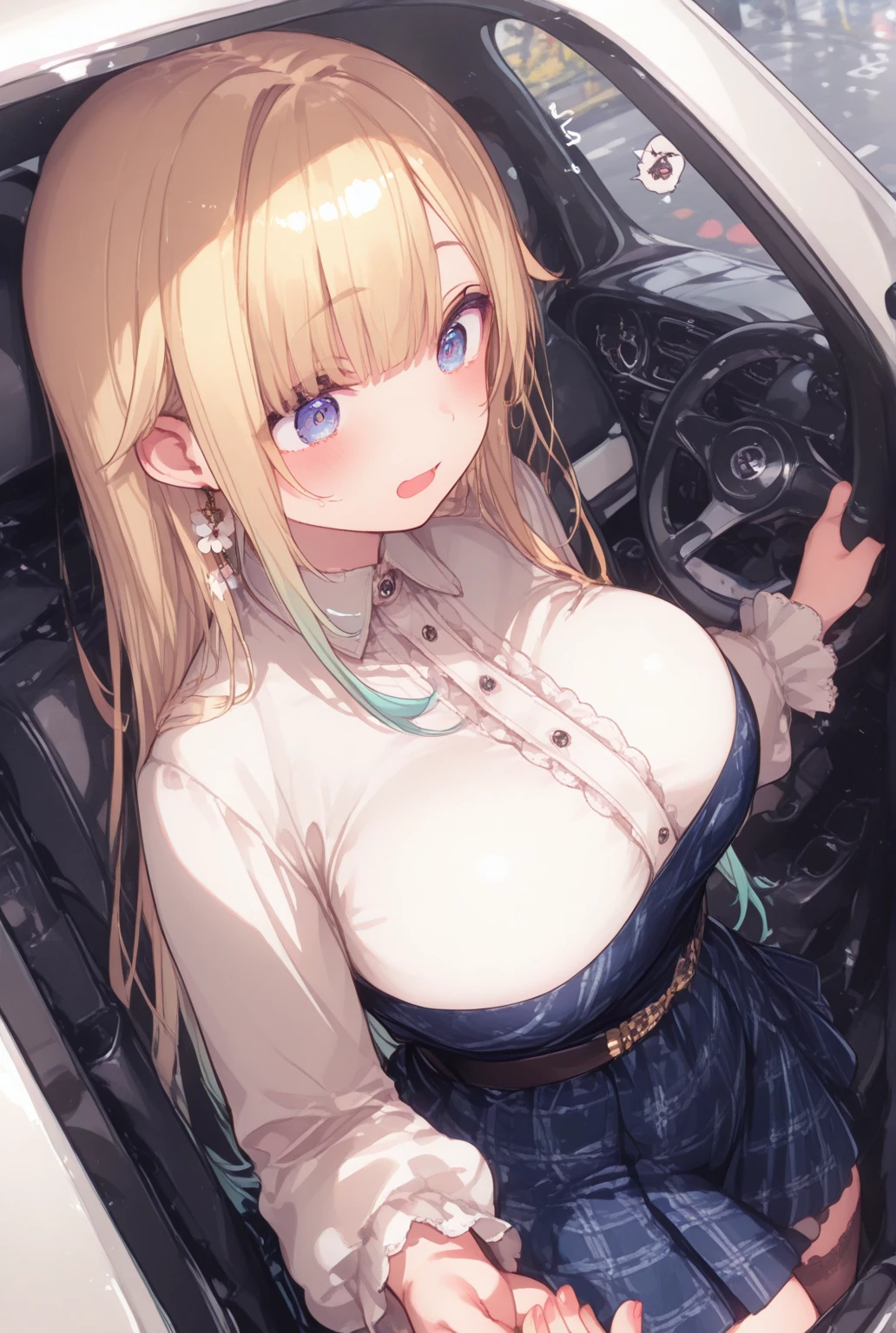 1 girl, blonde bob hair, heart shaped eyes, ♡, big breasts, lace queen, {girl with blonde bob hair named nao}, (Pink eye color), {race car}, (smile), bright background , mole under eye, Star-shaped choker, (masterpiece, highest quality), very detailed, highest quality, official art, beautiful and aesthetic: 1.2), (1 girl), very detailed, (geometry art: 1.3), colorful, most detailed ,（garden,beautiful flower々）, (masterpiece, highest quality), official art, beautiful and aesthetic: 1.2), (1 girl), very detailed, (geometry art: 1.3), colorful