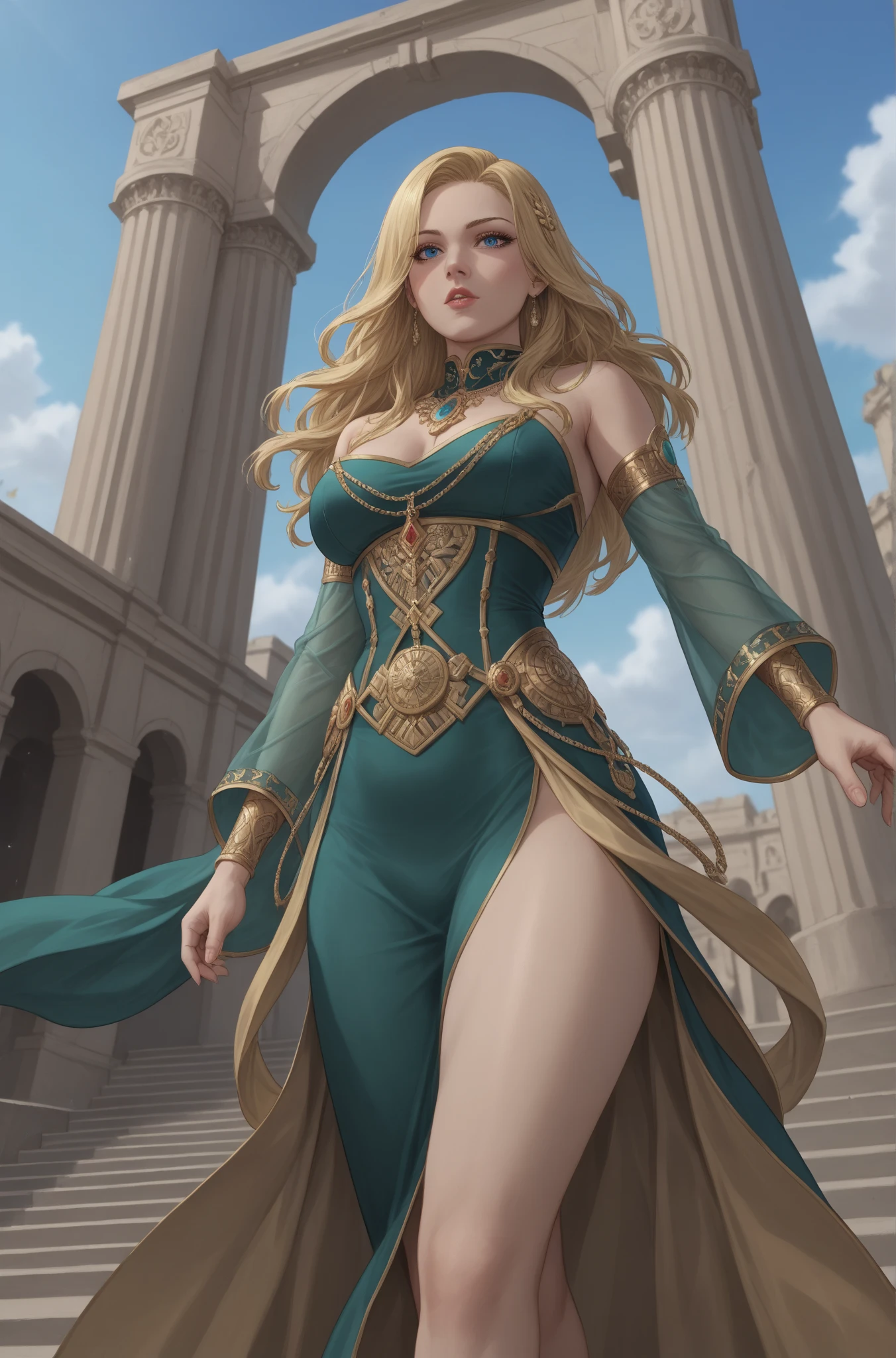 A beautiful young Greek princess with long flowing hair, piercing eyes, elegant facial features and a serene expression (anime style), detailed face and body, intricate jewelry and ornate dress, standing in a mythical Greek landscape, warm color palette, photorealistic , high detail, cinematic lighting, masterpiece, full body, round breasts,