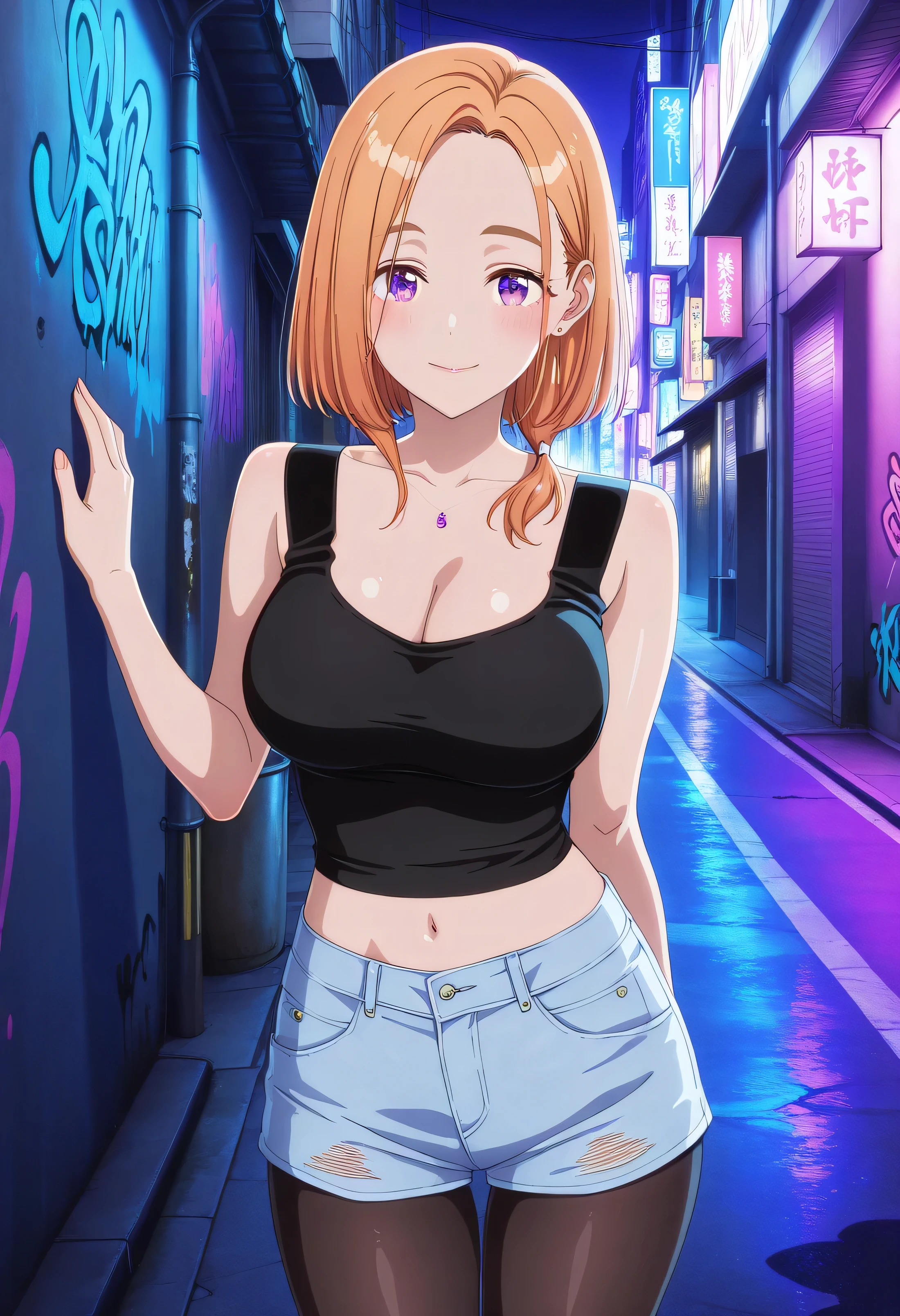 masterpiece 4k, best quality, girl, beautiful face, clean skin, shiny hair, shiny skin, beautiful face, perfect eyes, high quality shine, best quality, very aesthetic 4k, absurd, perfect body quality, beautiful curves, perfect, perfect genitals, beautiful ambient light, beautiful aesthetics, very realistic scenery, high quality 4k, masterpiece,best quality,absurdres,newest,highres, official art, 1girl banri shiunji, medium hair, purple eyes, orange hair, hair over shoulder, mature female, large breasts, cleavage, short denim shorts, tights, black tights, black crop top, in Tokyo city in an alley with a lot of dark graffiti, realistic shadow of luiz beautiful realistic scenery, in Tokyo city in an alley with a lot of dark graffiti, realistic shadow of luiz beautiful realistic scenery, red face of shame guys with a very large blush on their face, beautiful aesthetics with purple light, at night, beautiful aesthetics with light purple, very beautiful aesthetic lighting, lighting with a lot of realism on the body, beautiful scenery with a lot of details, in a beautiful masterpiece, best quality, extremely detailed face, perfect lighting, posing to take a photo, sexy pose with naughty look at the viewer