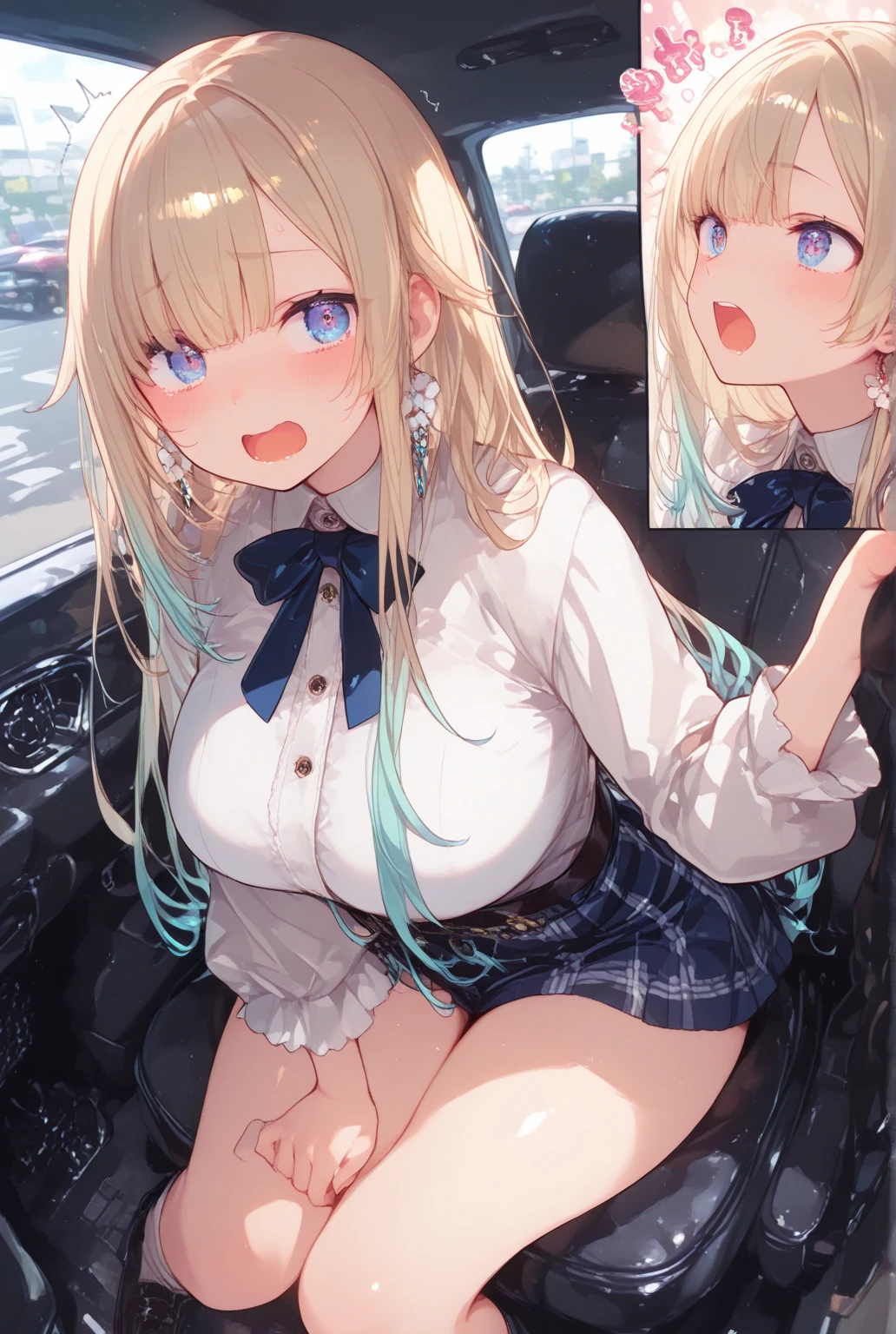 high resolution、4K、Masterpiece、1 big breasted girls、Back seat of a car、Micro Mini Skirt、No panties、blush、Black knee-high socks、Absolute area、Masturbation、Love juice、Climax、Squirting、Full body portrait、tough、sit、Spread your legs、Exposing the breasts、Bare your breasts、Nipples、Pantyhose pull、pussy big dildo