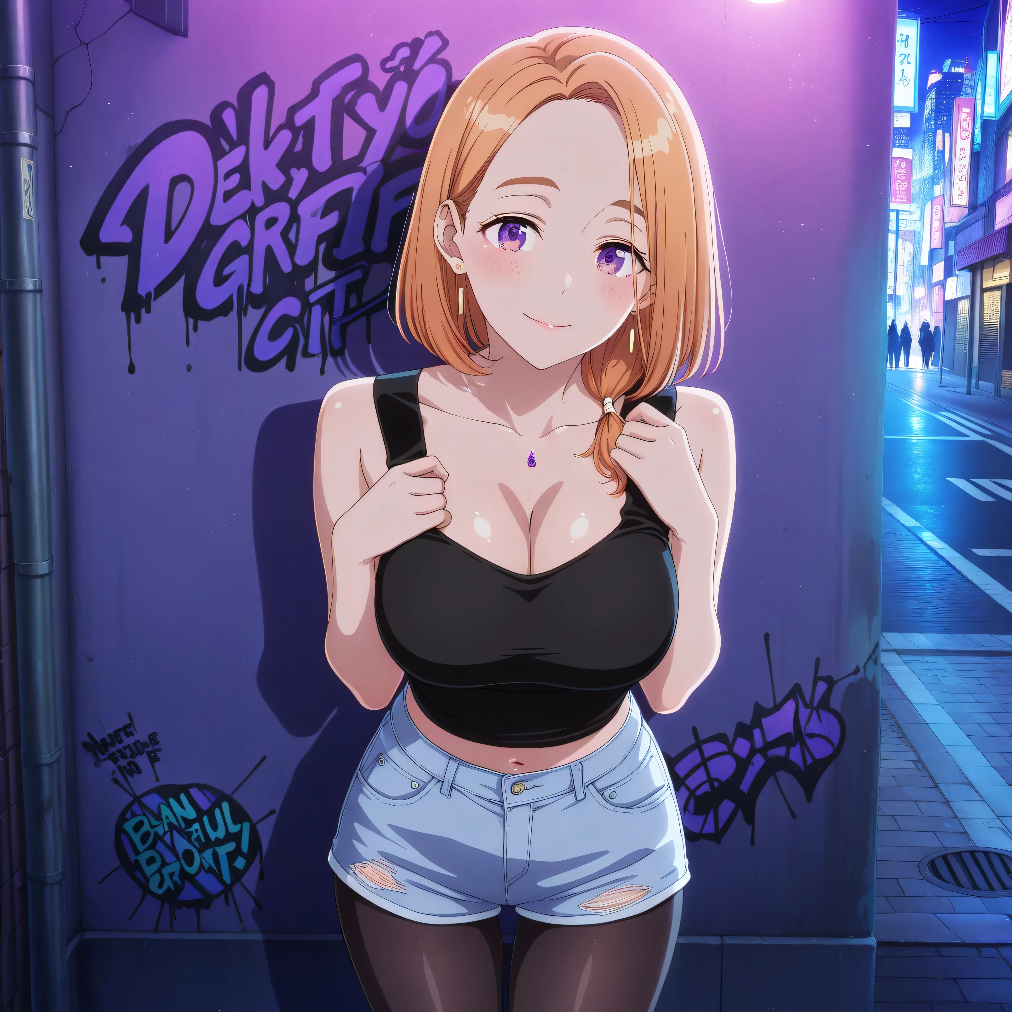 masterpiece 4k, best quality, girl, beautiful face, clean skin, shiny hair, shiny skin, beautiful face, perfect eyes, high quality shine, best quality, very aesthetic 4k, absurd, perfect body quality, beautiful curves, perfect, perfect genitals, beautiful ambient light, beautiful aesthetics, very realistic scenery, high quality 4k, masterpiece,best quality,absurdres,newest,highres, official art, 1girl banri shiunji, medium hair, purple eyes, orange hair, hair over shoulder, mature female, large breasts, cleavage, short denim shorts, tights, black tights, black crop top, in Tokyo city in an alley with a lot of dark graffiti, realistic shadow of luiz beautiful realistic scenery, in Tokyo city in an alley with a lot of dark graffiti, realistic shadow of luiz beautiful realistic scenery, red face of shame guys with a very large blush on their face, beautiful aesthetics with purple light, at night, beautiful aesthetics with light purple, very beautiful aesthetic lighting, lighting with a lot of realism on the body, beautiful scenery with a lot of details, in a beautiful masterpiece, best quality, extremely detailed face, perfect lighting, posing to take a photo, sexy pose with naughty look at the viewer