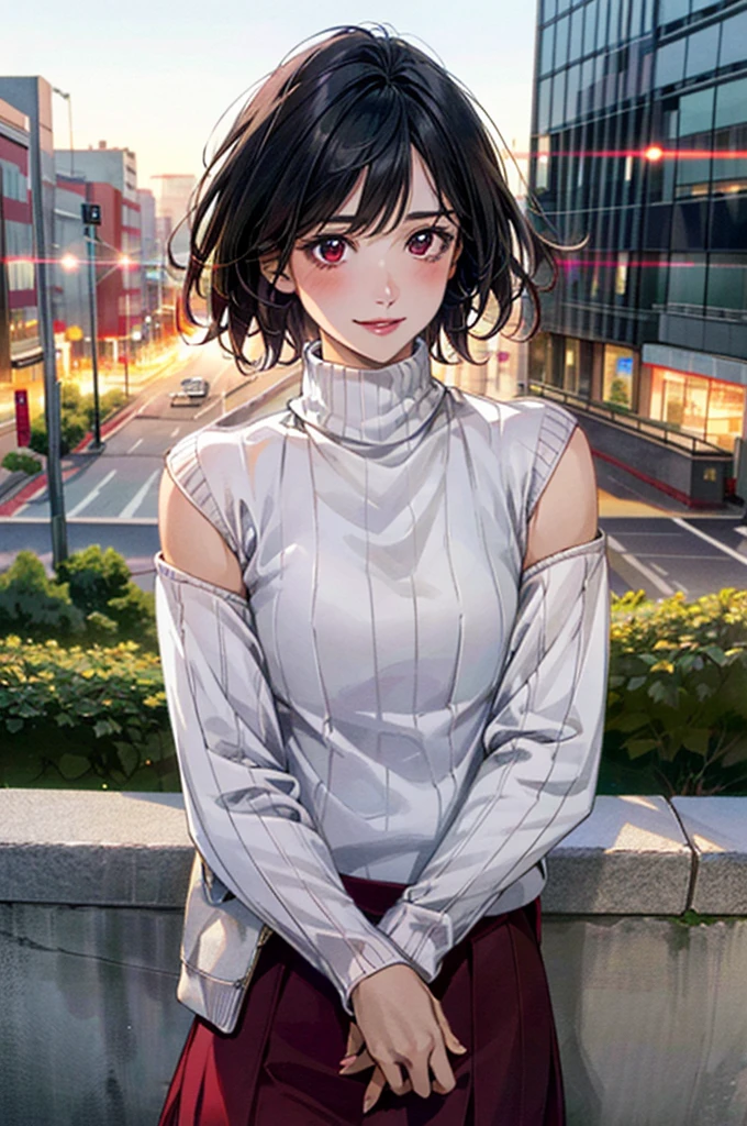 masterpiece, best quality, highres, bbyorf, short hair with long locks, white hairband, red eyes, gold earrings, large breasts, jewelry, off shoulder, red sweater, sweater dress, long sleeves, black pantyhose, outdoors, standing cowboy shot, smile,