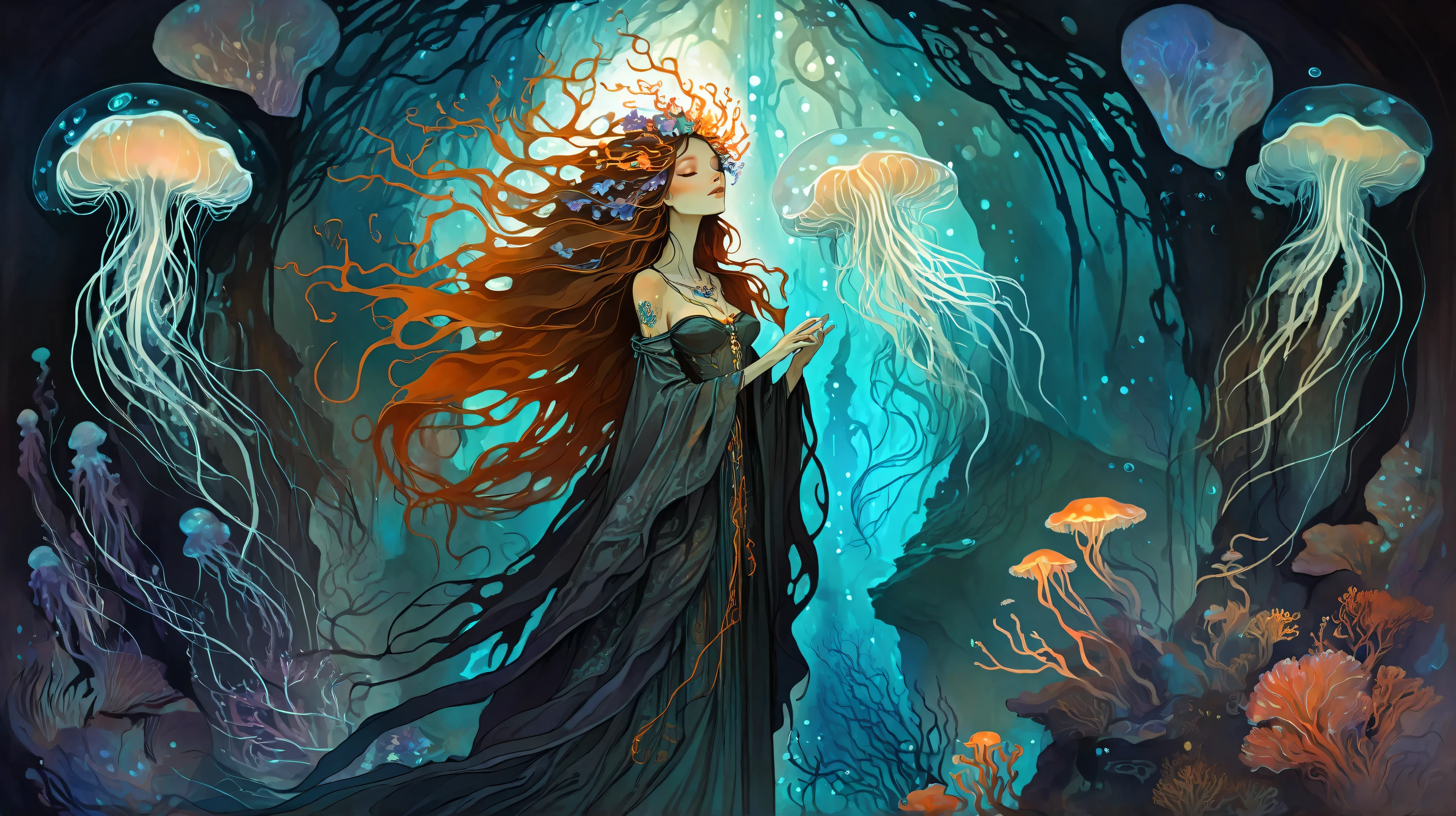 A mysterious sorceress with long, flowing hair adorned with intricate bioluminescent tattoos that pulse with soft light, stands in a hidden grotto, bathed in an ethereal glow. She is surrounded by glowing jellyfish and colorful coral reefs. In the style of Alphonse Mucha and Brom, with a touch of fantasy art and gothic elements. Deep, rich colors and dramatic lighting enhance the sense of mystery and intrigue, reminiscent of a dream.