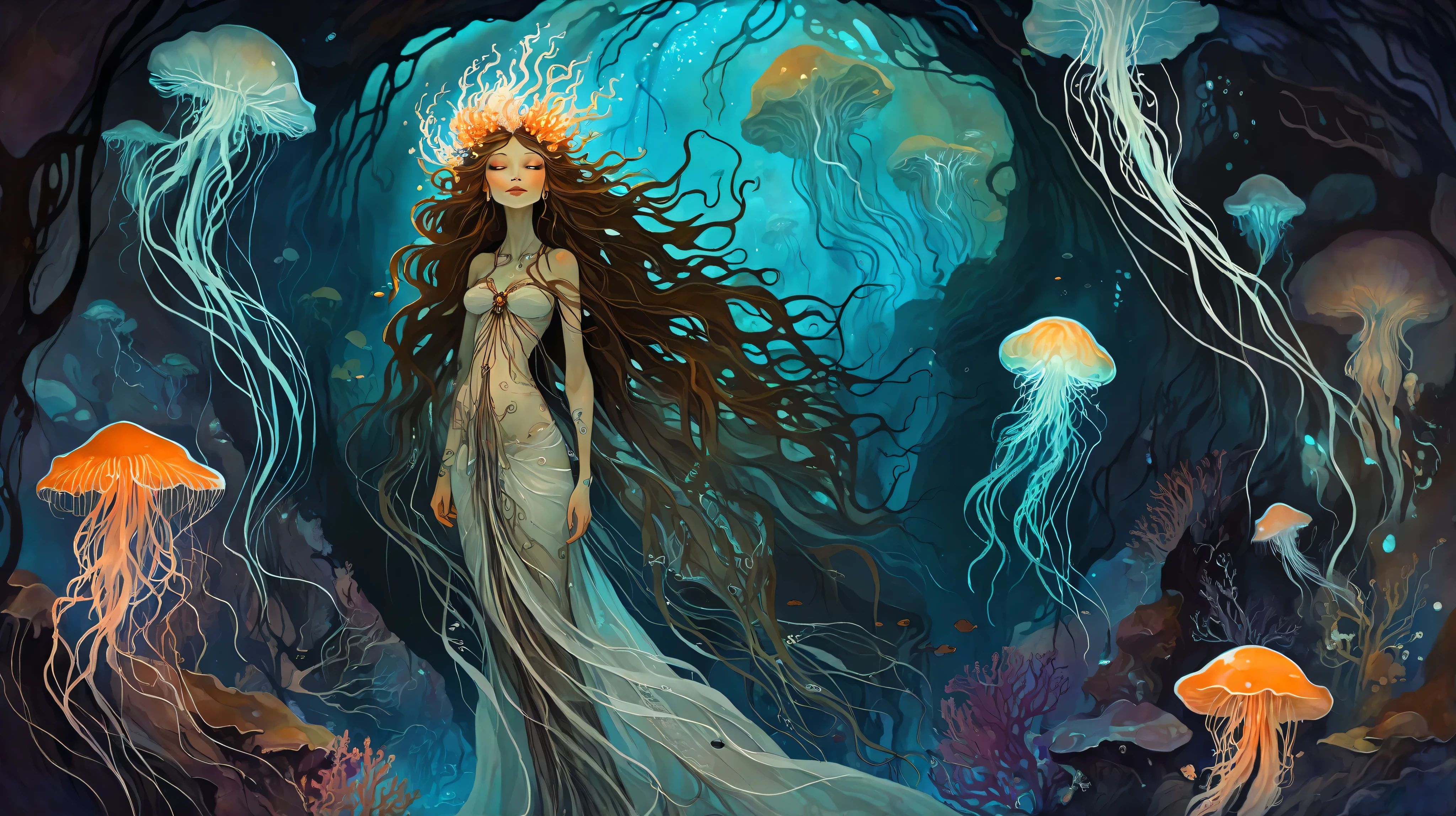 A mysterious sorceress with long, flowing hair adorned with intricate bioluminescent tattoos that pulse with soft light, stands in a hidden grotto, bathed in an ethereal glow. She is surrounded by glowing jellyfish and colorful coral reefs. In the style of Alphonse Mucha and Brom, with a touch of fantasy art and gothic elements. Deep, rich colors and dramatic lighting enhance the sense of mystery and intrigue, reminiscent of a dream.