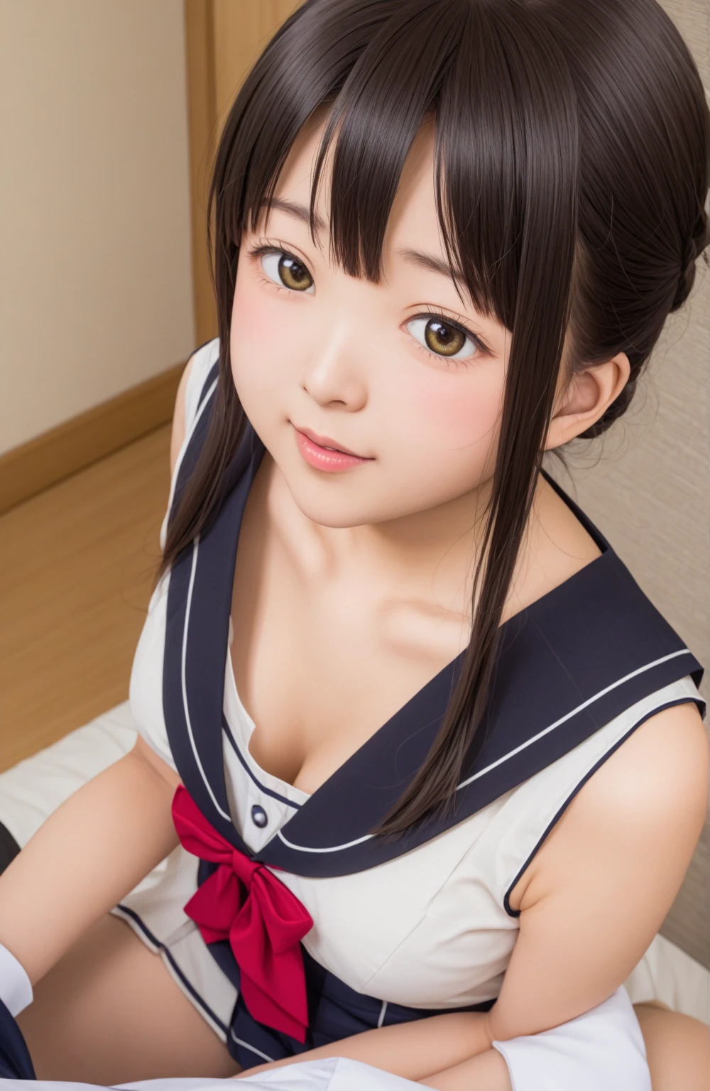 (Flying debris:1.2),(8K High Resolution), (highest quality), (RAW Image Quality), (reality), (that'Realistic:1.37), Big eye,Long eyelashes,that'Exquisite(Live-action Realistic style),The ultimate face,Realistic光と影,Distinct facial features,Milky skin, Skin with attention to detail,Realistic skin details,Visible pores,(Very detailed),(short hair),best portrait,((Photo taken from a distance, from the front)), Only one girl, Cute type,fine and beautiful eye, Beautiful and detailed nose, Very detailedな肌) ,(Beautiful face with double eyelids), (realism: 1.4),Great details, Ultra-high resolution,,,Delicate and beautiful face,,Age 25,(Beautiful Face 1.4),thin,,((School classroom)),, ((Wear a uniform'Wearing a uniform and making eye contact with the audience)),Wear a uniform, Very beautiful legs,((Crouching in front of the viewer))),squat with your legs slightly open,The classroom floor is white,Crouching in front of the viewer,((Crouching in front of the viewer)), ((, slim, Thin waist, Thin thighs, thin arms, smile)), (((Look up, (View from above:1.2), Semen On , Penis Facial, ((Sticking out tongue, Open your mouth)), close ~ eye))), (Wet Face, Wet Hair)