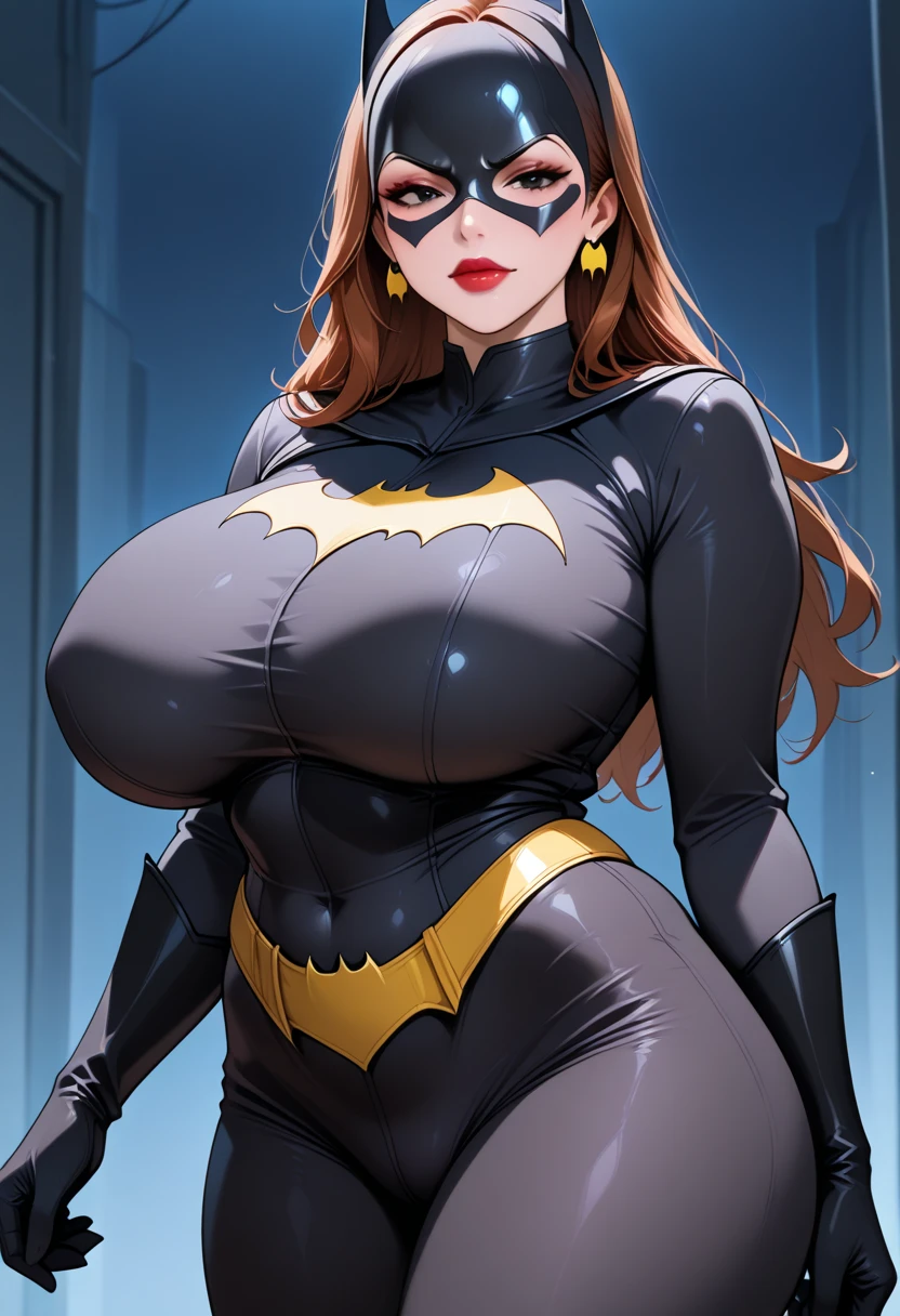 Batman transformed into a docile sexy female bimbo with huge breasts and thick lips