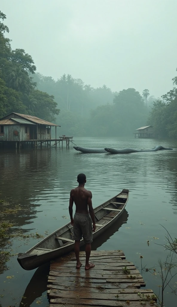 Photo of man in boat going down the Amazon River and looking towards the front